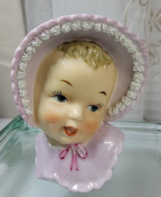 VTG Head Vase Baby Girl Purple/Lavender Ruffled Spaghetti Trim Cap
