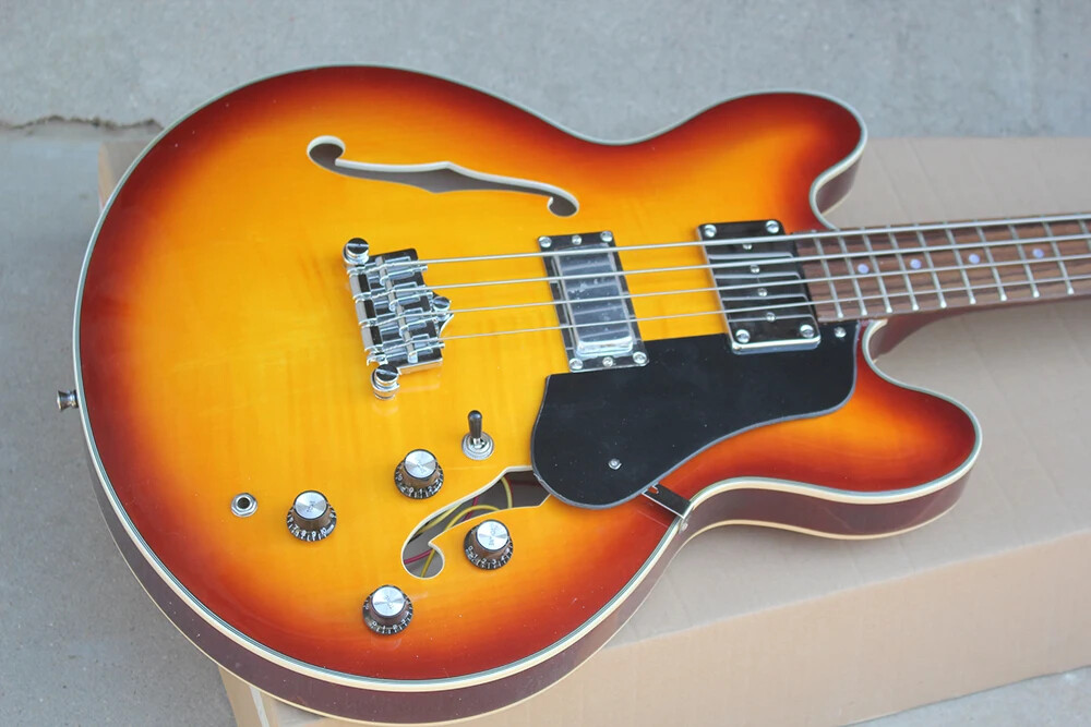 Sunburst 4 Strings Electric Bass Guitar Semi Hollow Body Rosewood Fretboard