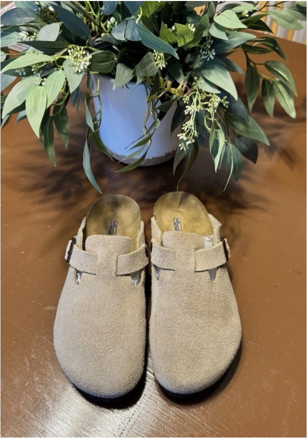 Birkenstock Boston Taupe Suede Clogs Soft Footbed Unisex Comfort Casual Shoes