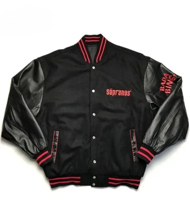 The Sopranos All Black Wool Body  Leather Sleeves Varsity Letterman Jacket Adult