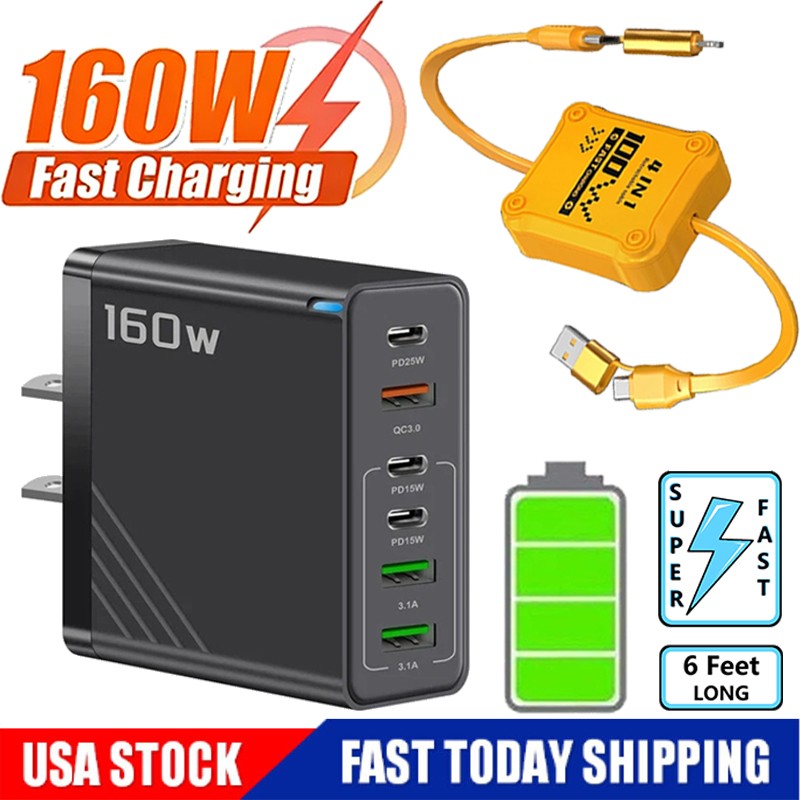 160W 6-port Fast Charging USB Type C Quick Charge PD QC3.0 Wall Charger Adapter