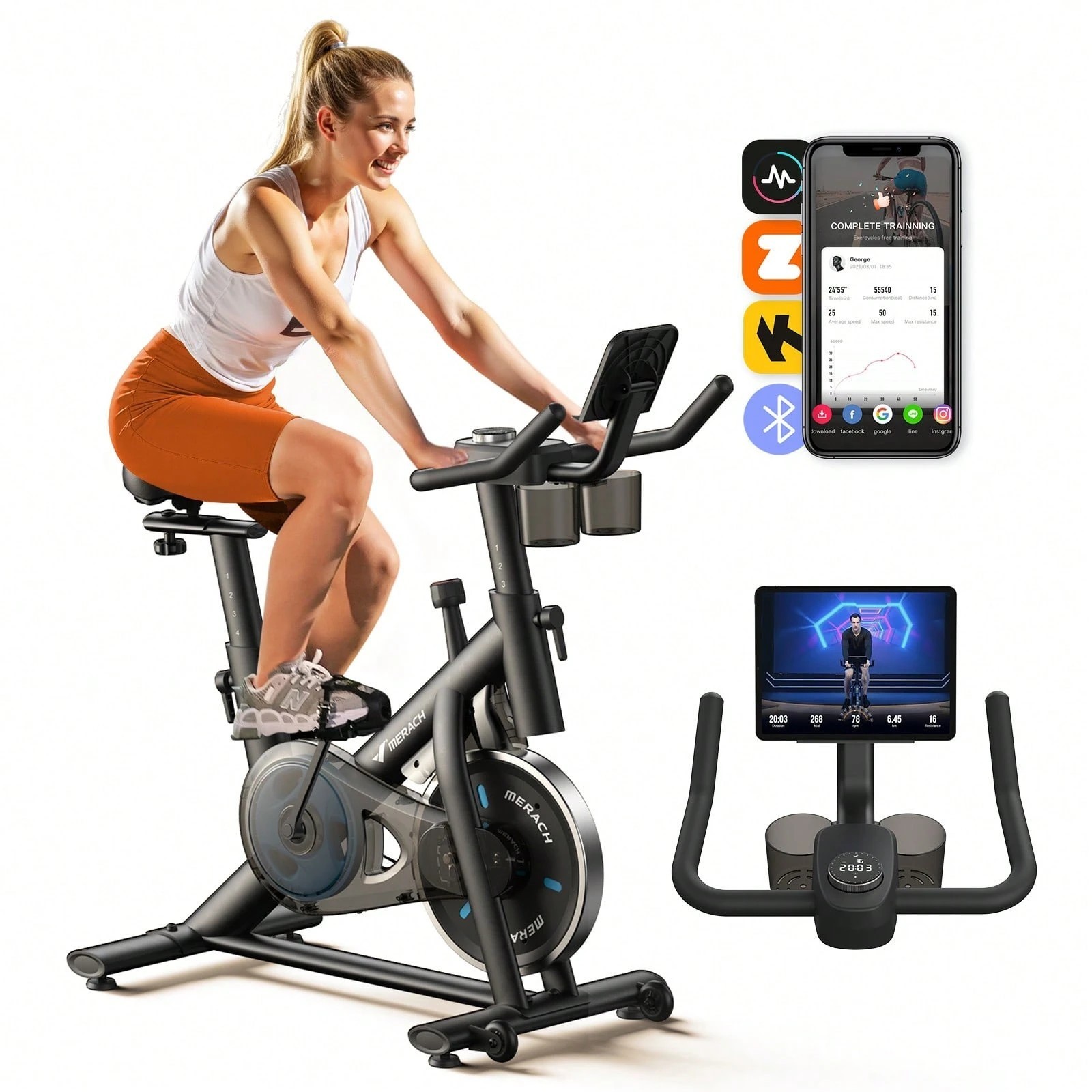 MERACH Exercise Bike Indoor Cycling Stationary Bike 300lbs APP Courses Quiet Bel