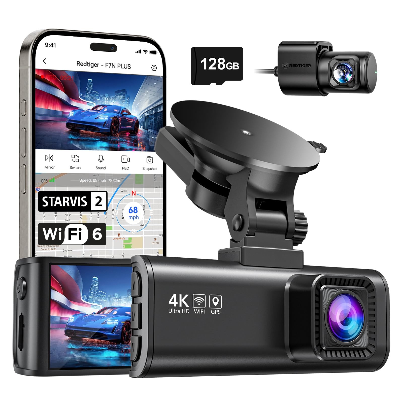 4K Dash Cam Front Rear STARVIS 2 Sensor Free Card Included 5.8GHz WiFi 20MB/s