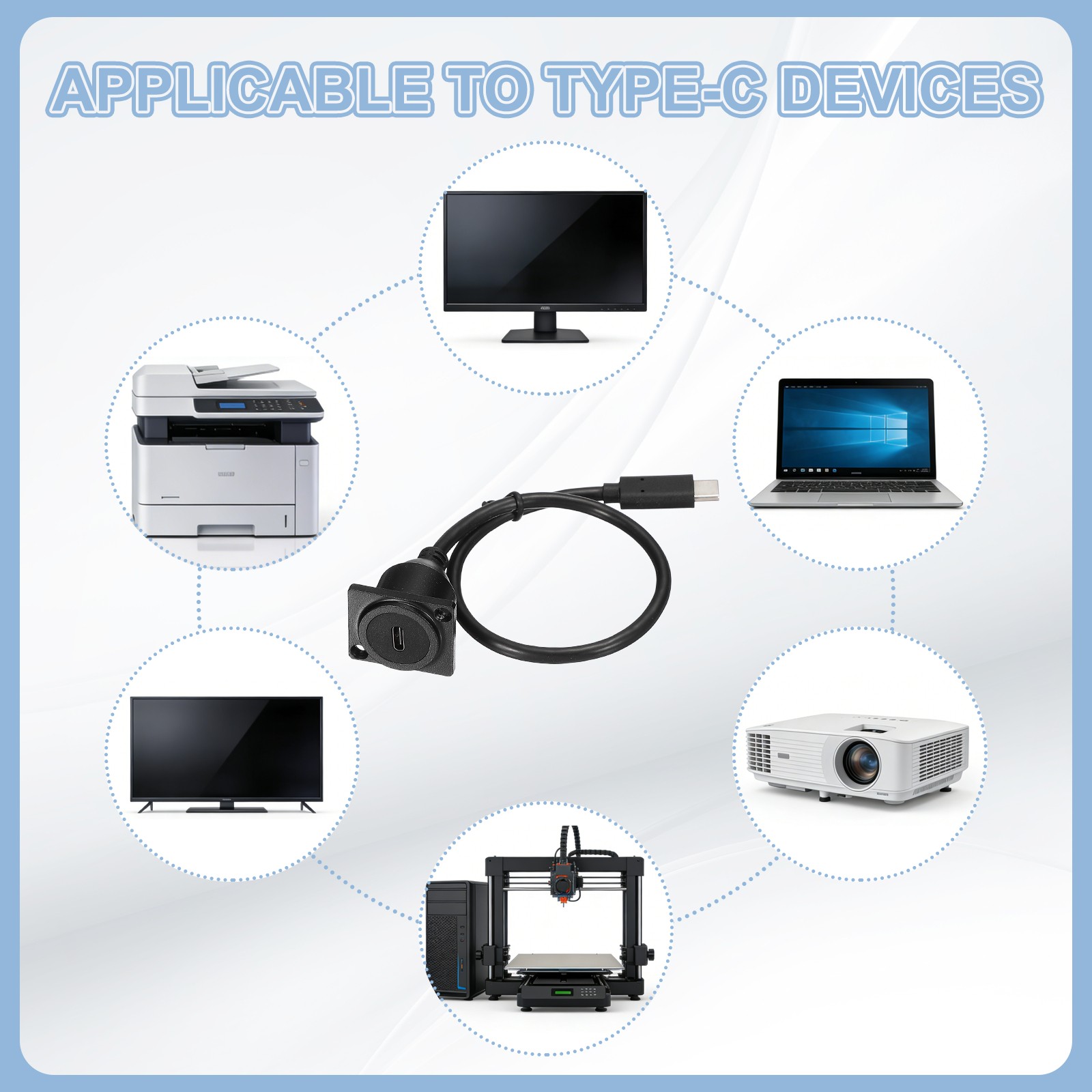 D-Type USB C 2.0 Panel Mount Extension Cable, Type-C Male to C Female, 1ft