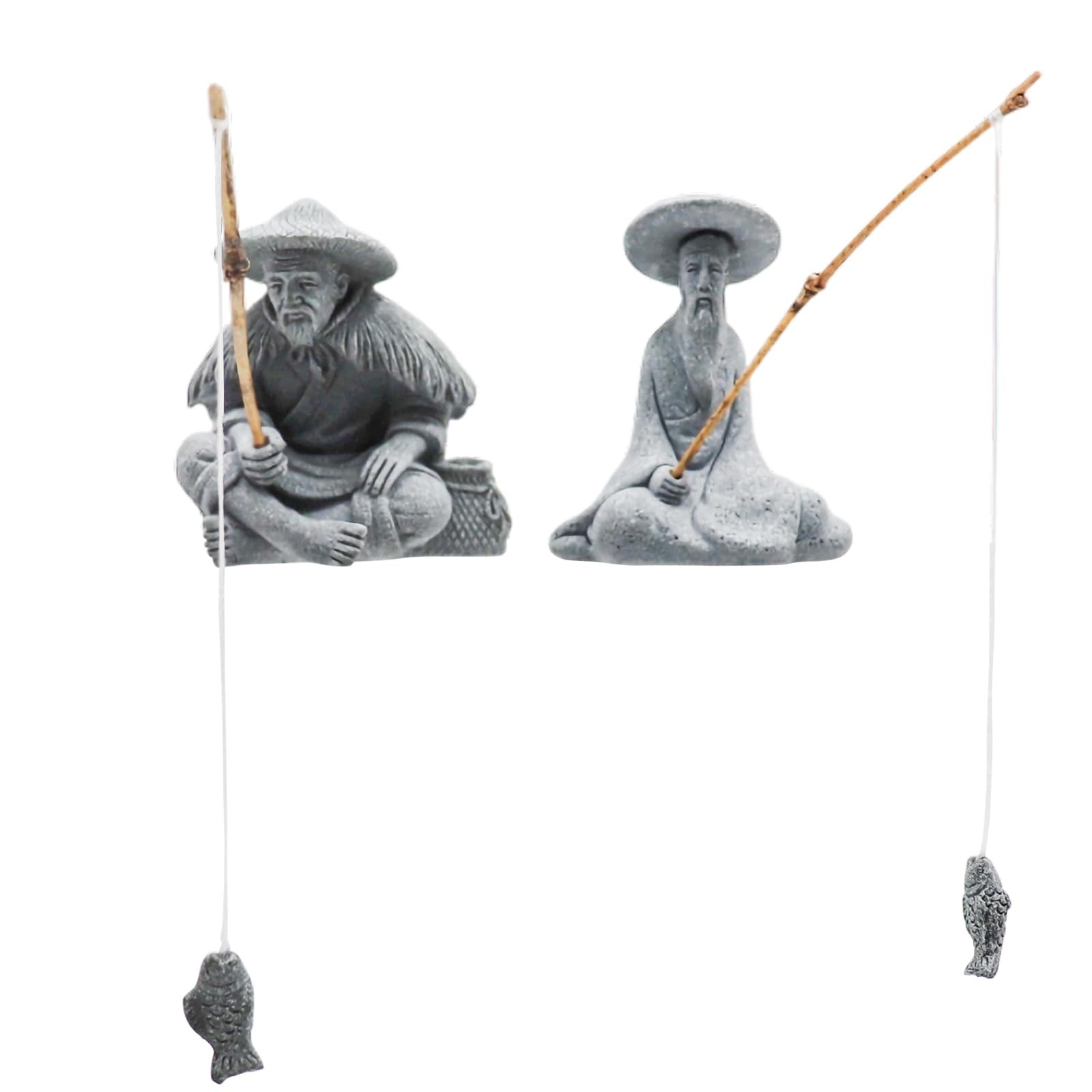 2 Pack Tank Figurines Decor, Asian Zen Sandstone Sitting Fishing Elder Statue...