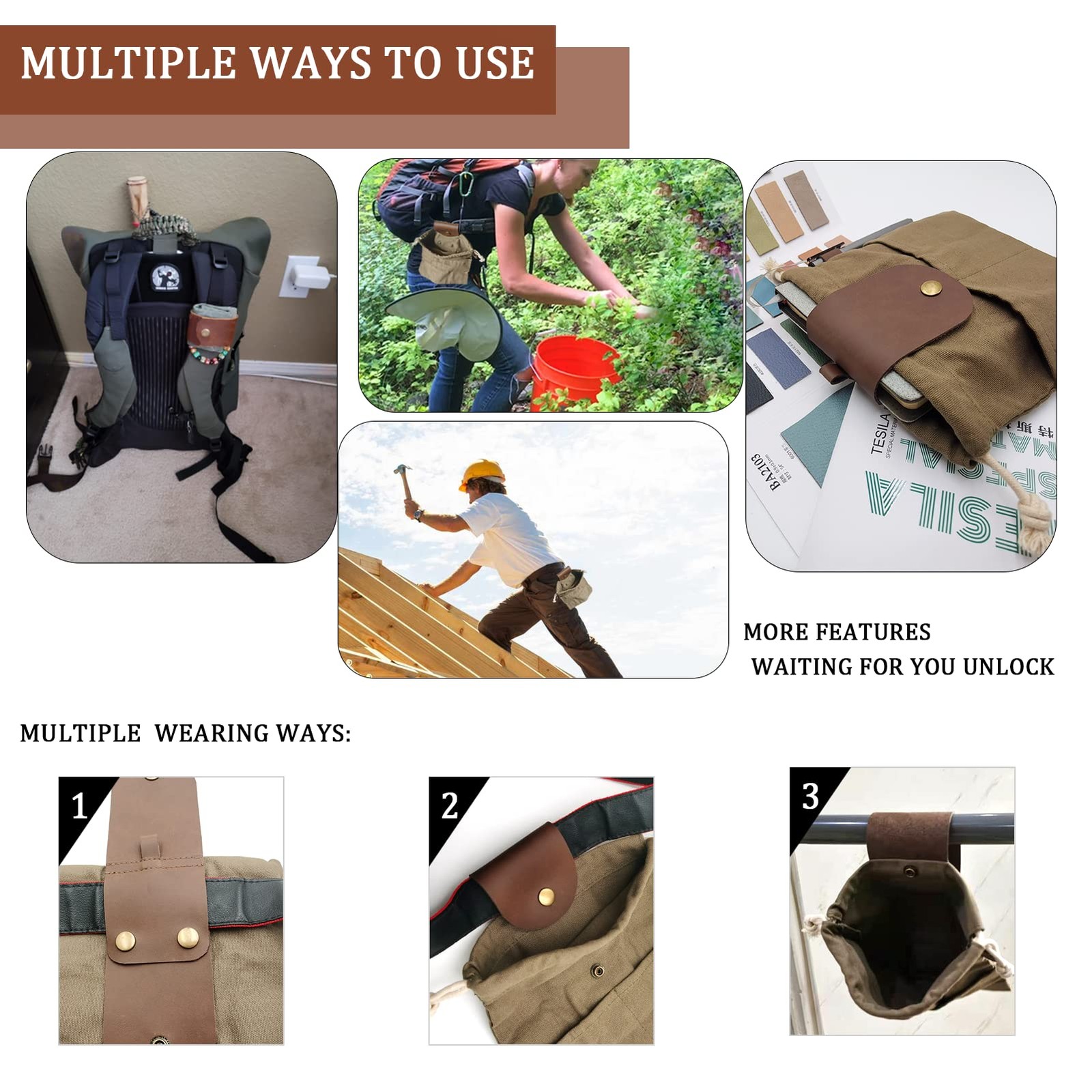 Foraging Pouch Leather Canvas Collapsible Bag Water Resistant 8.66", Green