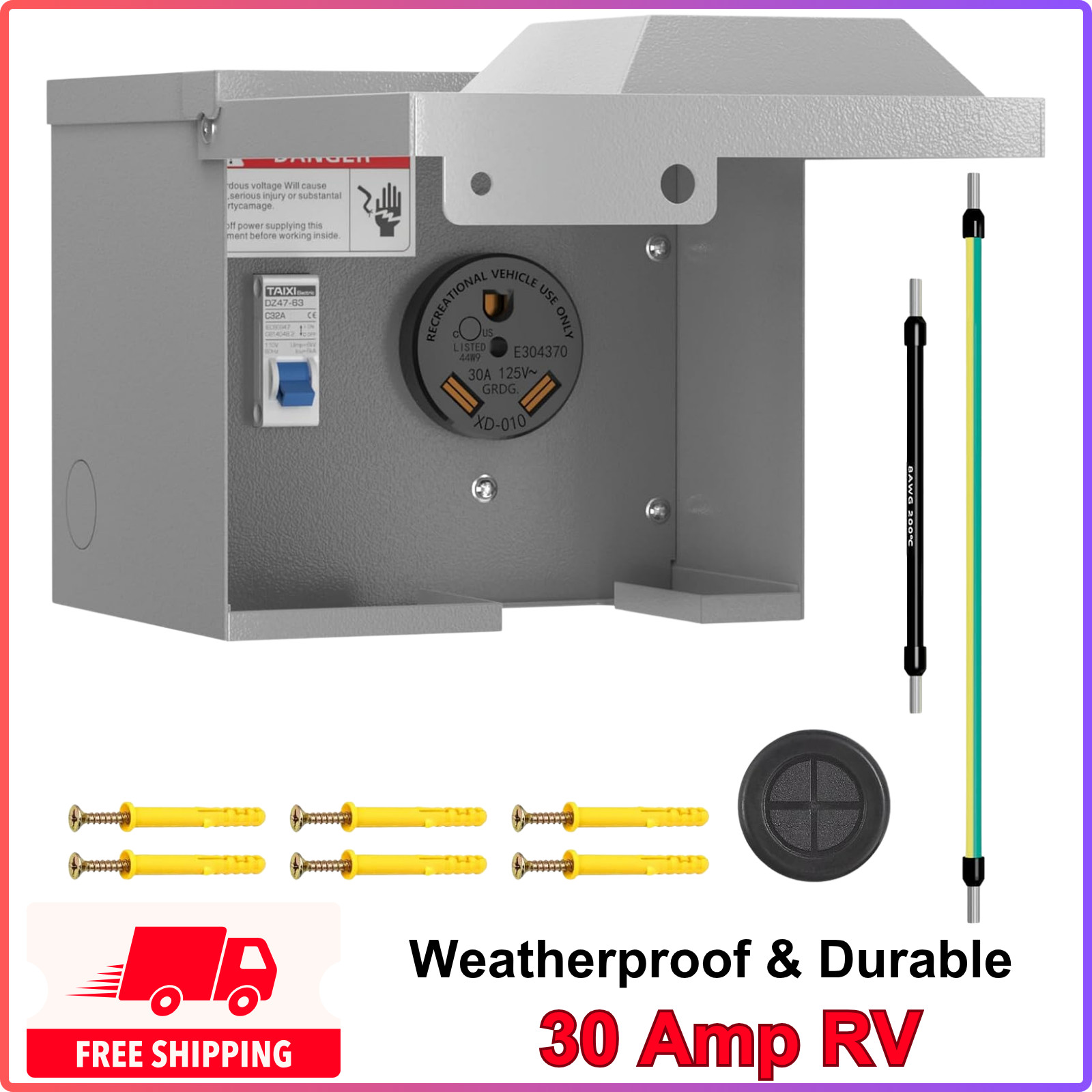 30 Amp RV Outlet Box with Breaker, Lockable Weatherproof Outdoor Electrical NEMA