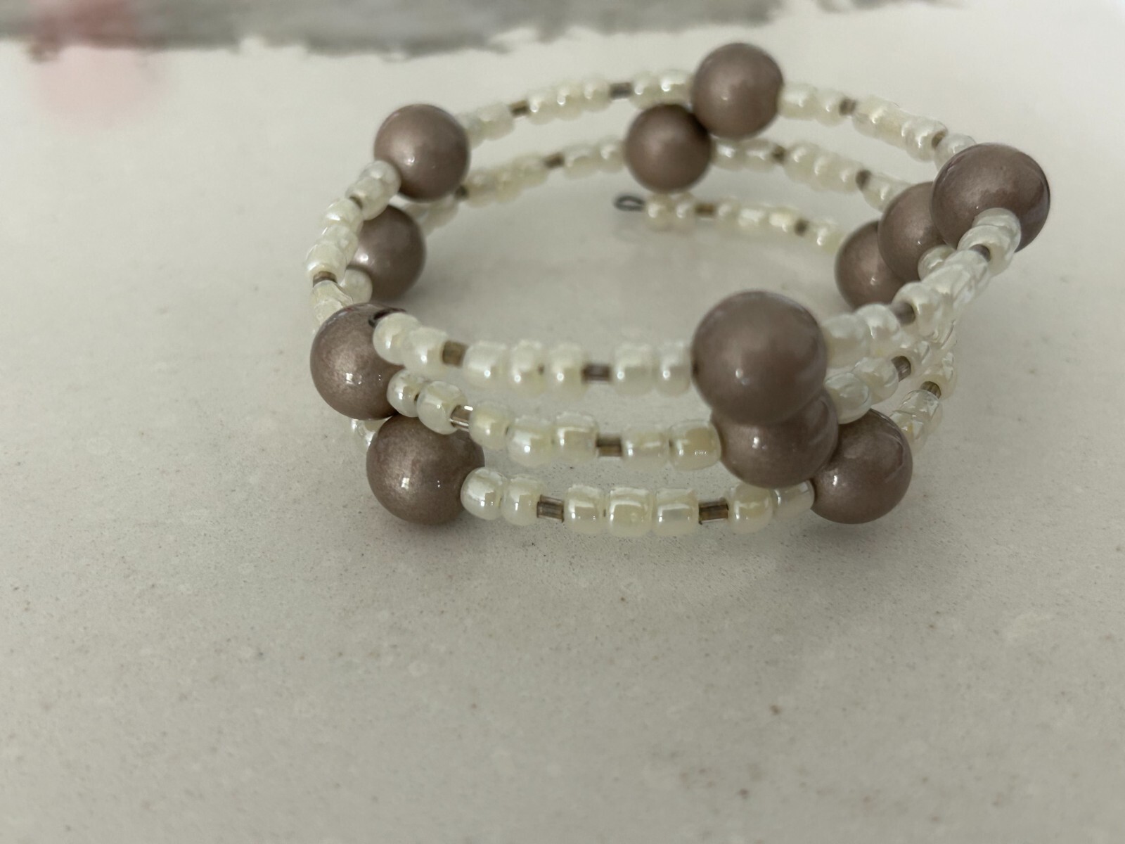Seed Bead Wrap Bracelet White / Taupe  23002