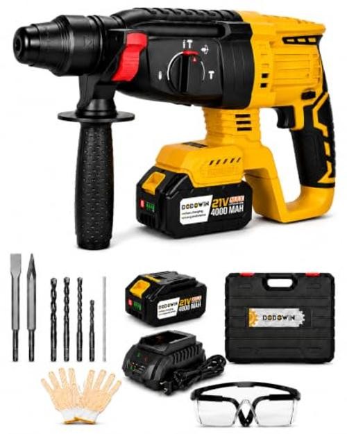 Cordless Rotary Hammer Drill, 2 Batteries, Bits and Chisels Kit | Portable