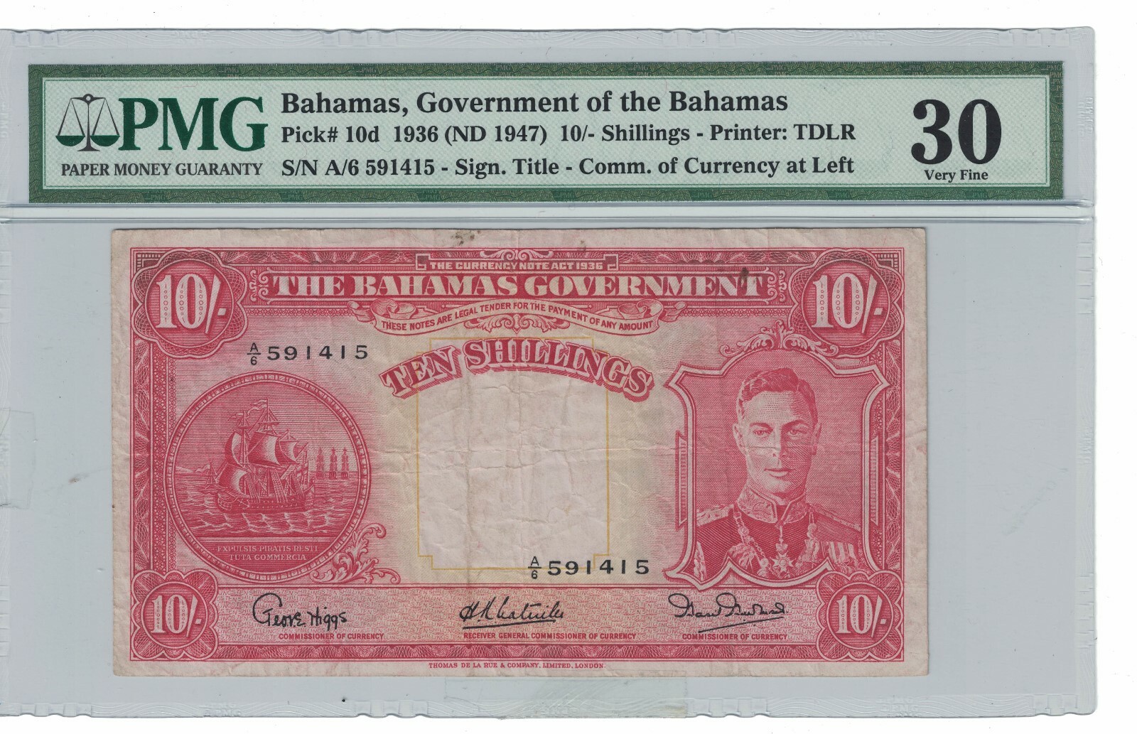 Bahamas 10 Shilling 1936 Pick# 10d PMG: 30 Very Fine (#1672)