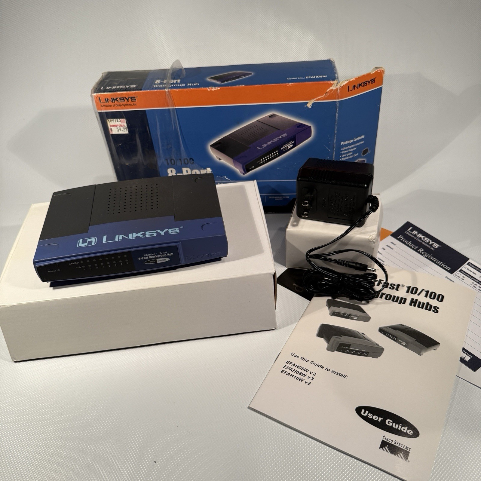 LINKSYS 8 PORT WORK GROUP Ethernet HUB 10/100 - EFAH08W version 3 w/box & guide.