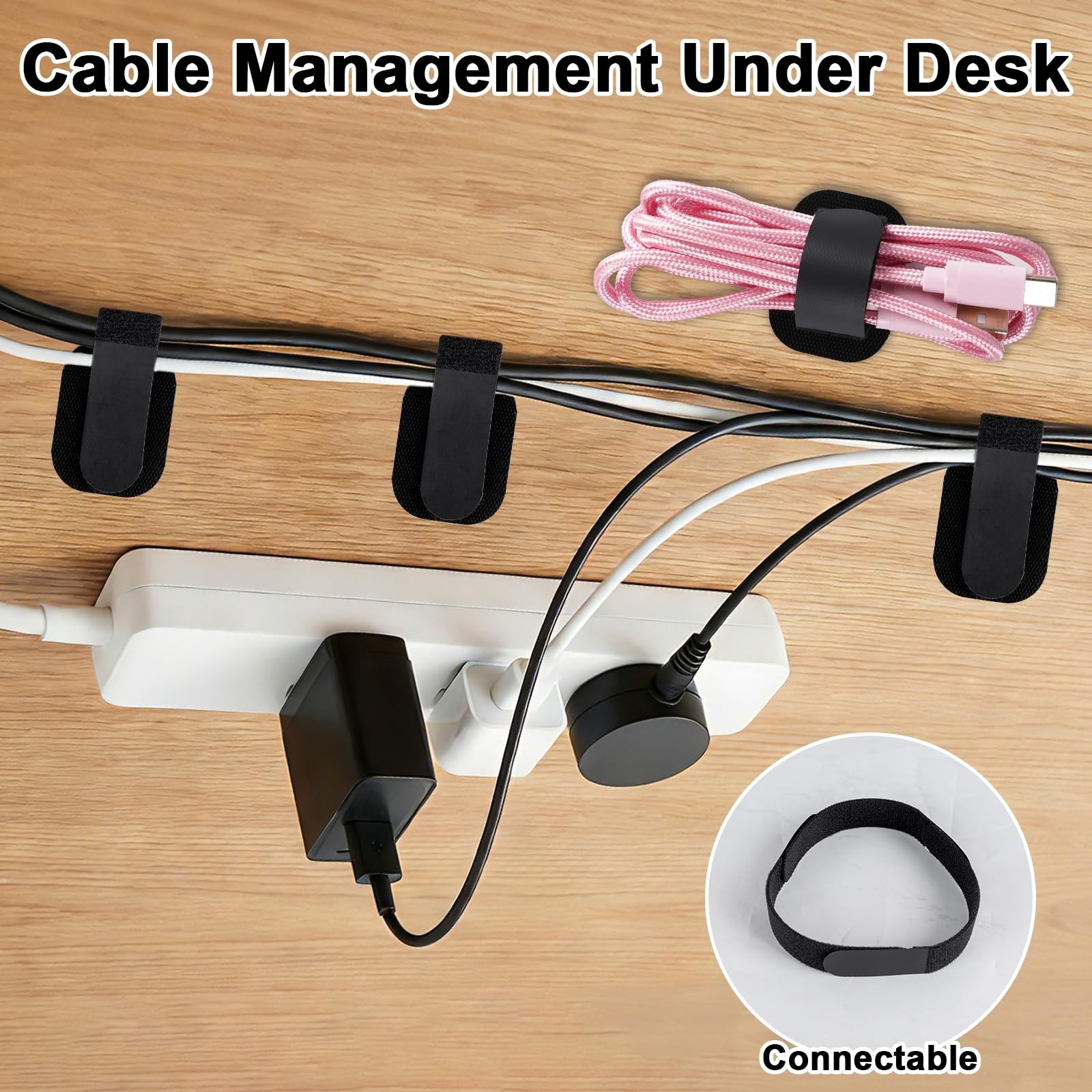 Under Desk Cable Management, Self-Adhesive Hook and Loop Straps, Adjustable R...