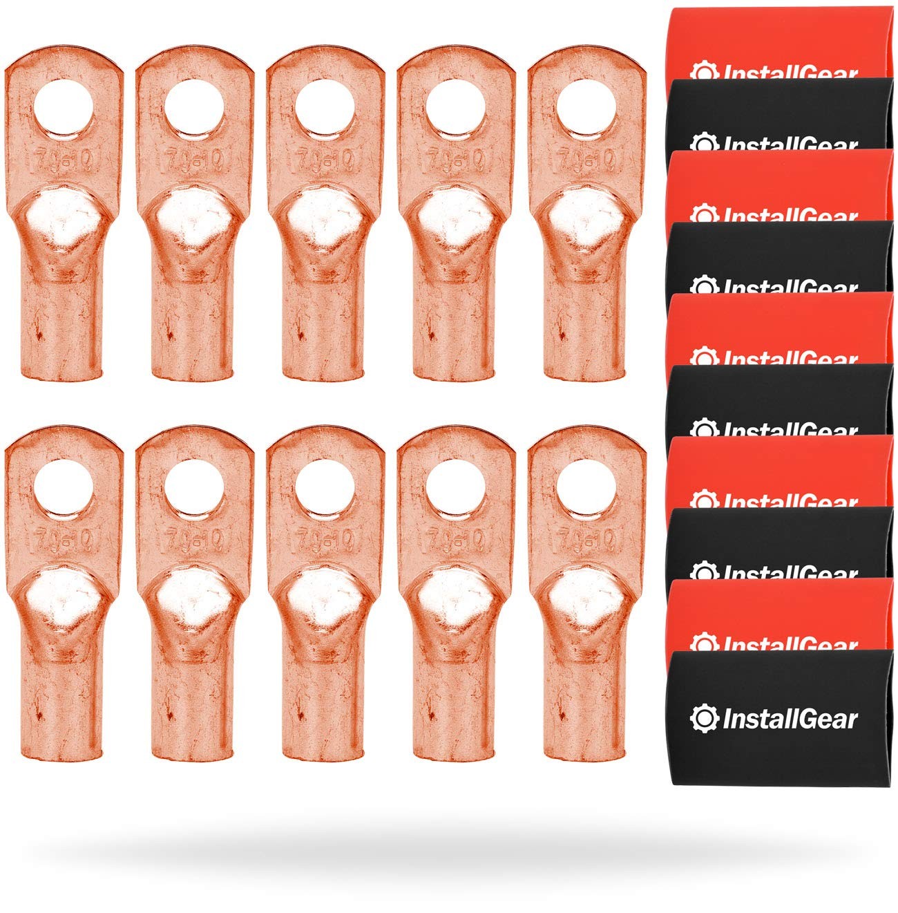 InstallGear 1/0 Gauge AWG Tinned Pure Copper Lug Ring Terminals Connectors 10pac
