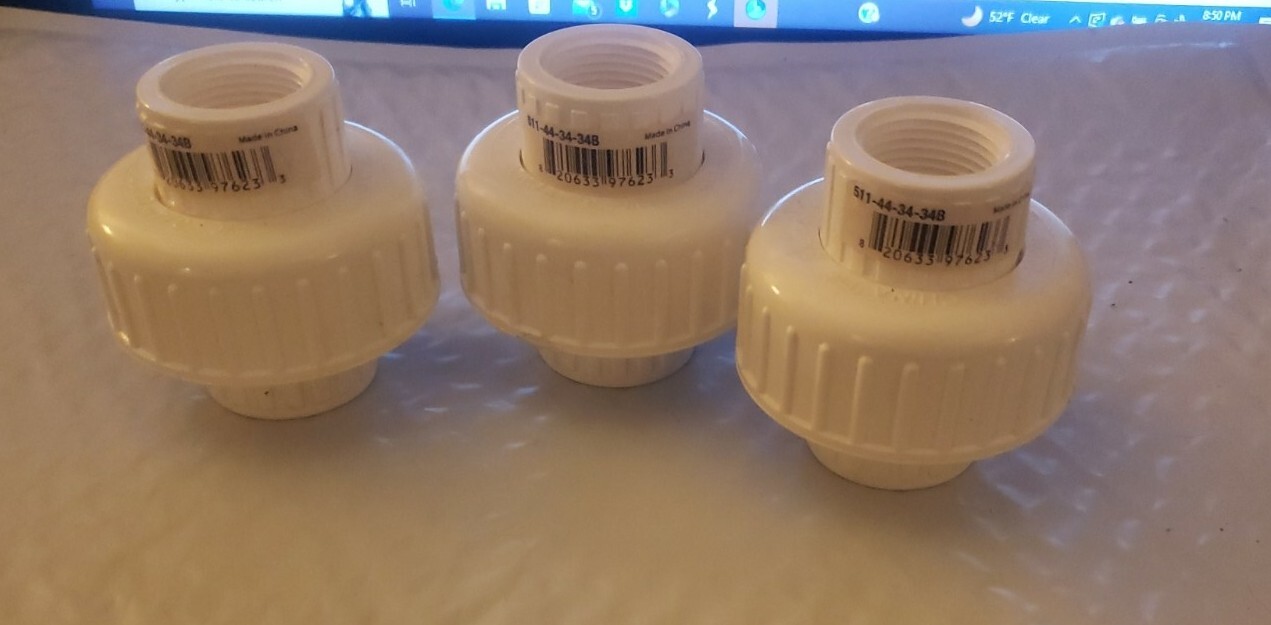 Lot Of (3) 511-44-34-34B Sch. 40 PVC Union 2-1/2 Lx3/4 FIPx3/4 FIP Dia. in.