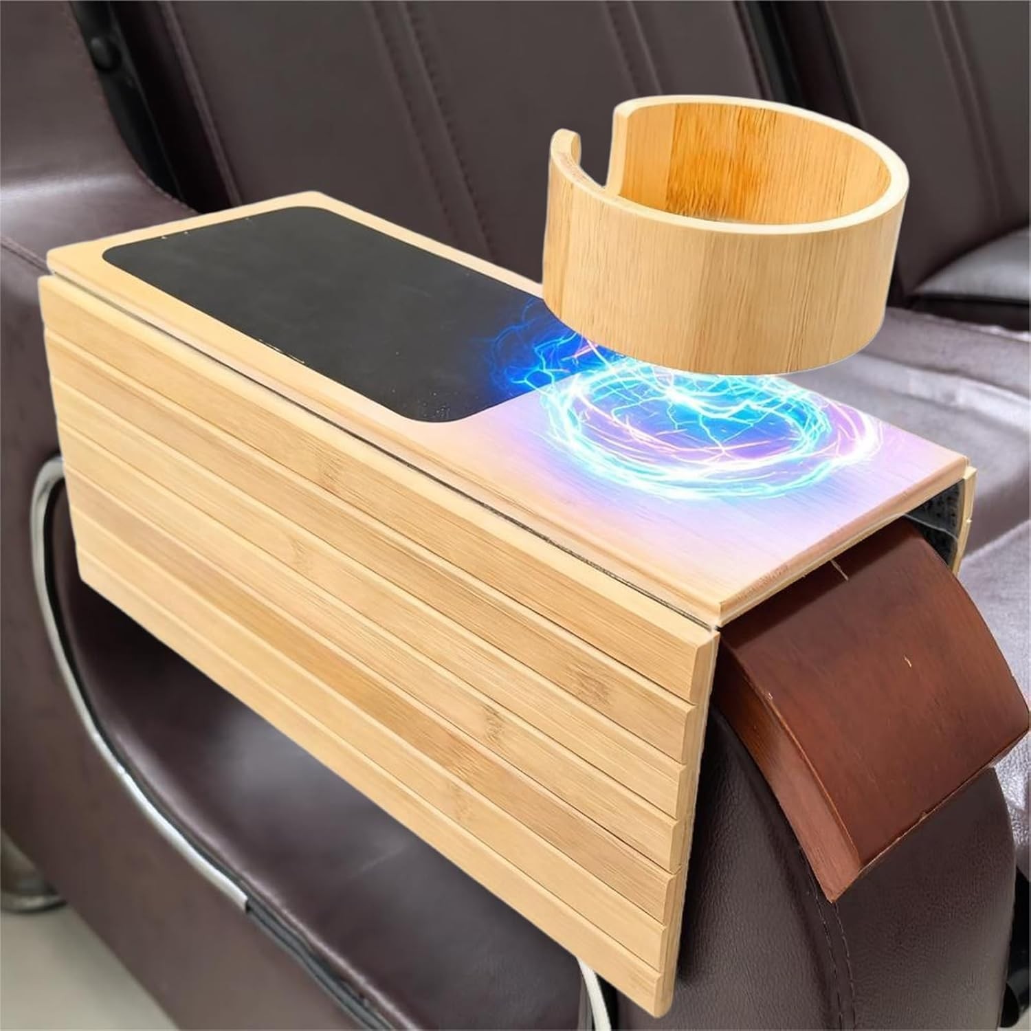 MAGIC BAMBOO Couch Cup Holder Tray, Bamboo Sofa Armrest Tray with Detachable Cup