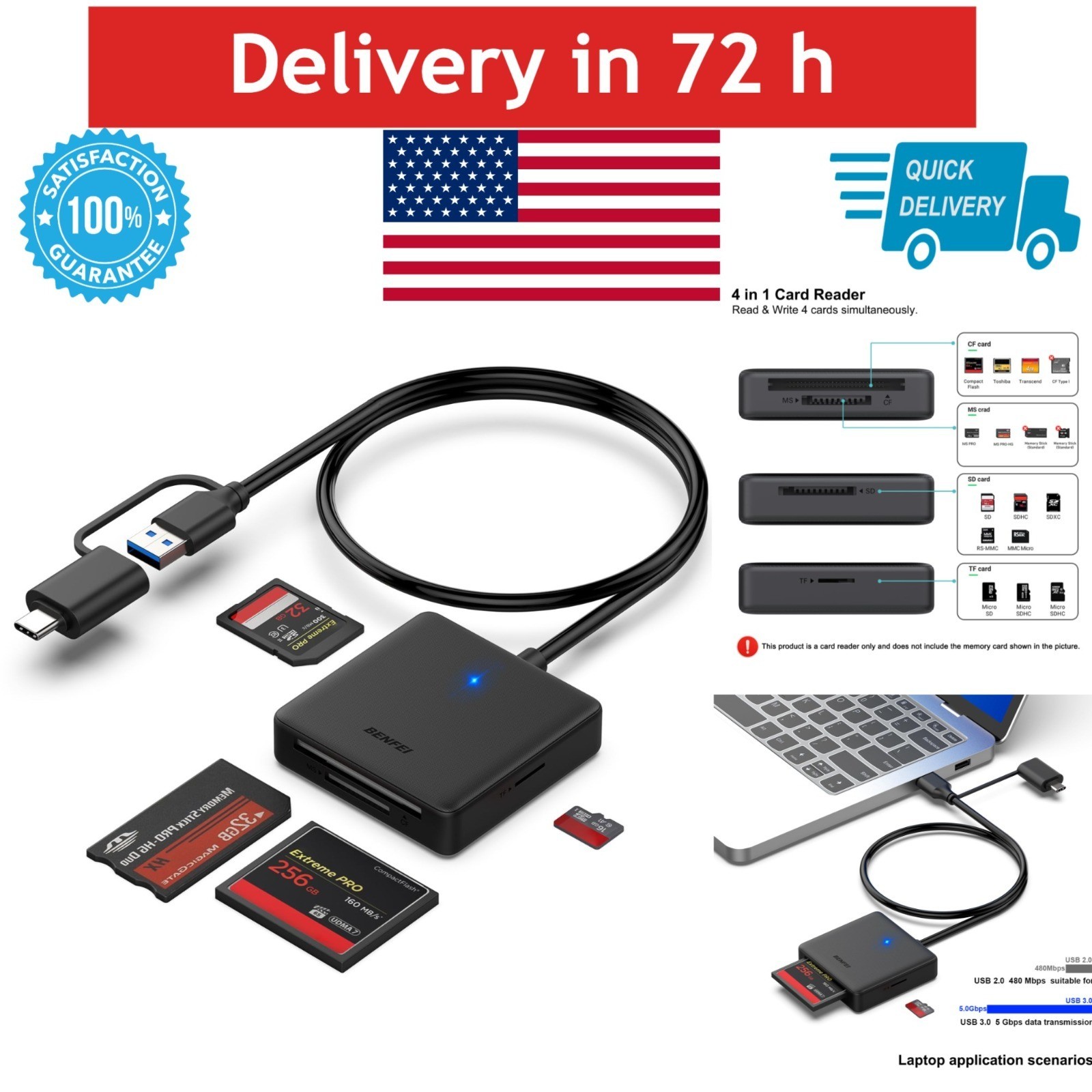 BENFEI 4in1 USB 3.0 & USB-C Card Reader Adapter for SD Micro SD MS CF