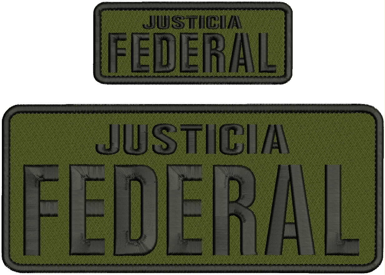 JUSTICIA F  EMBROIDERY PATCHES 4X10 & 2X5 VELCR@ ON BACK  BLACK ON OD GREEN