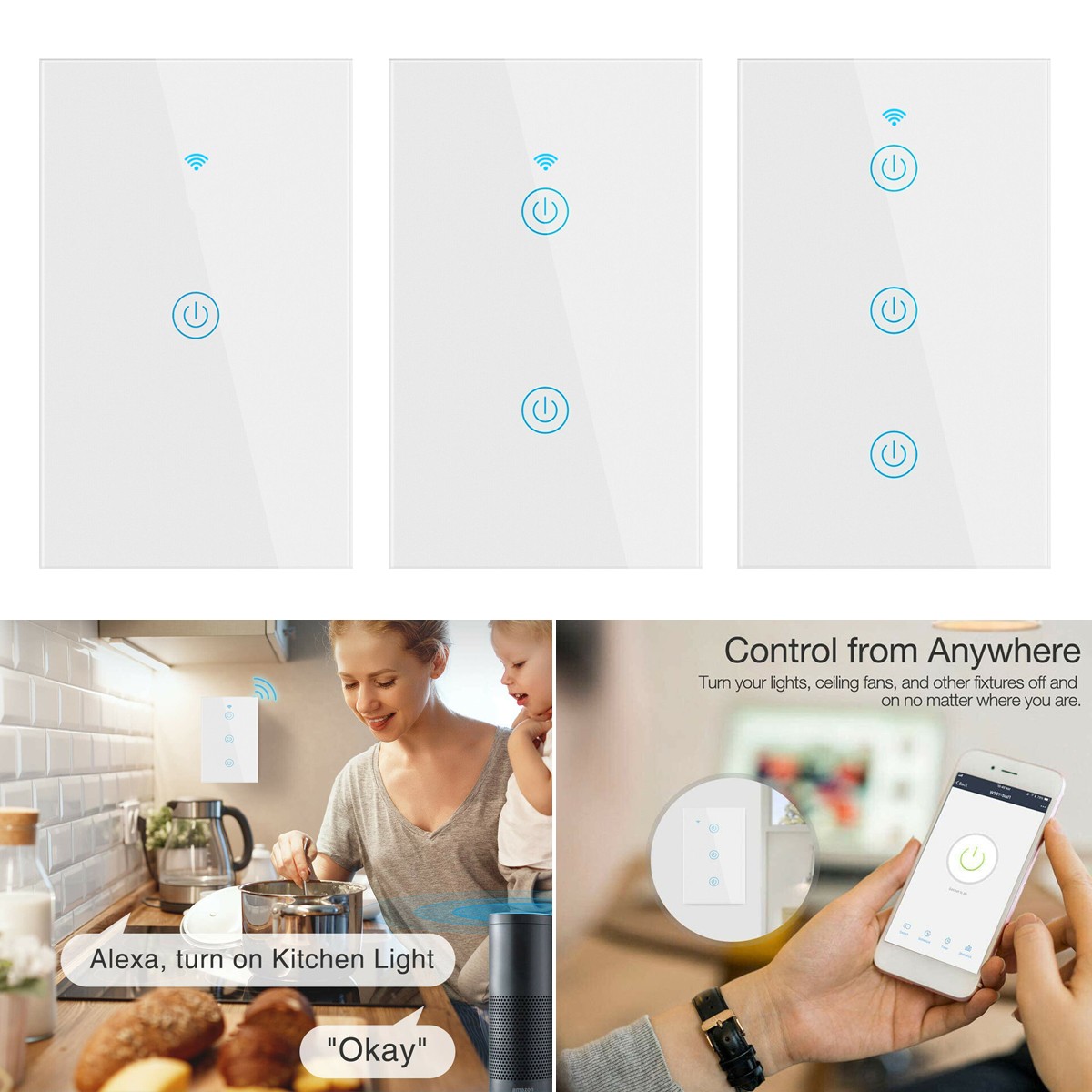 Smart WiFi Light Switch Touch Wall Panel 1/2/3 Gang Works with Alexa Google Home