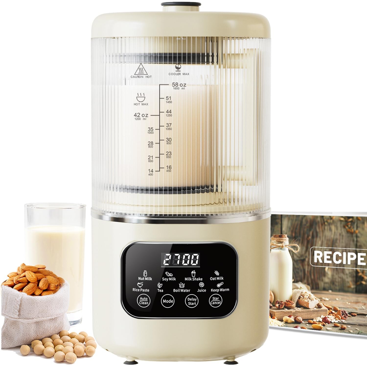 58oz Nut Milk Maker 10-in-1 Automatic with 20 Blades, LED, 24H Delay Start