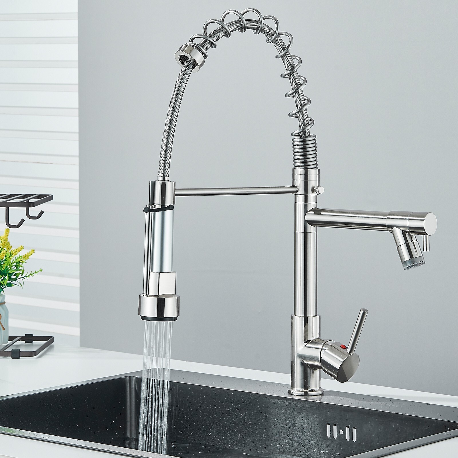 Brushed Nickel Kitchen Sink Faucet Pull Down Sprayer Swivel Single Handle Mixer