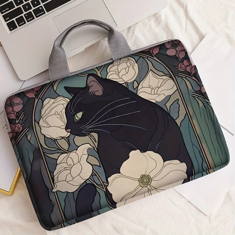 Cute Black Cat Camellia Laptop Bag 14” Soft Sleeve Protective Cover .