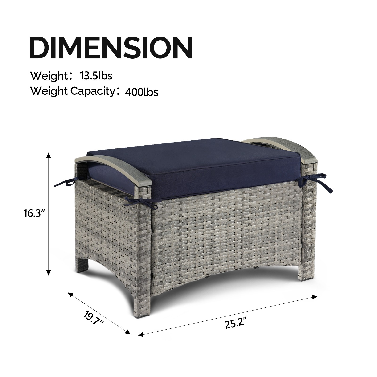 2 PCS Indoor Gray Rattan with Blue Cushion Plastic Wood Armrest Rattan Footstool