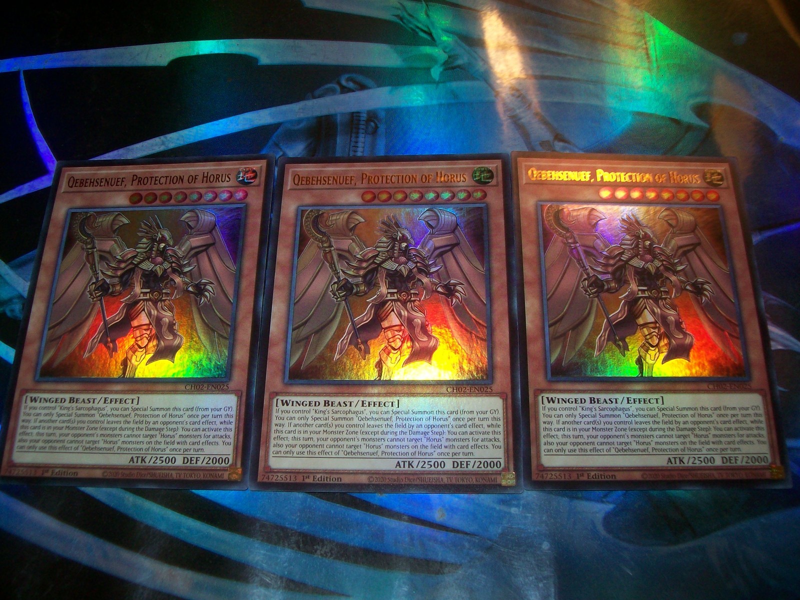 3x Qebehsenuef, Protection of Horus 1st Edition Ultra Rare CH02-EN025 Yu-Gi-Oh!