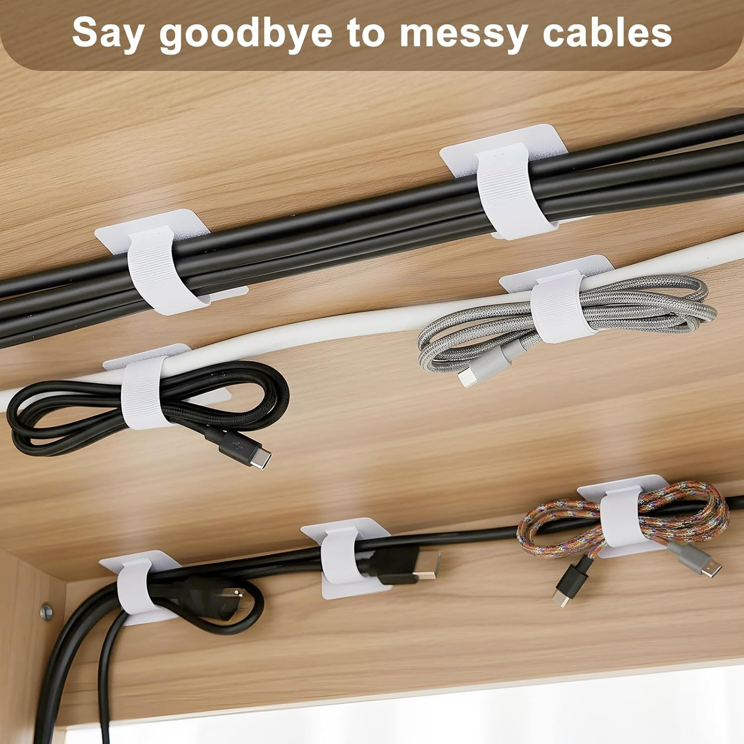 100 Pcs Hook and Loop Cable Ties, Self Adhesive Cable Management Desktop Cable S