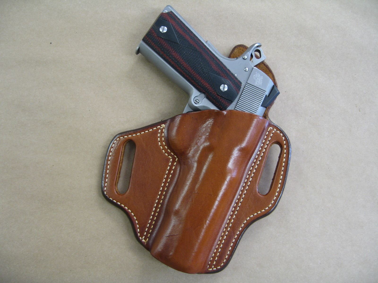 S&W Smith & Wesson 1911 5" OWB Leather 2 Slot Molded Pancake Belt Holster TAN RH