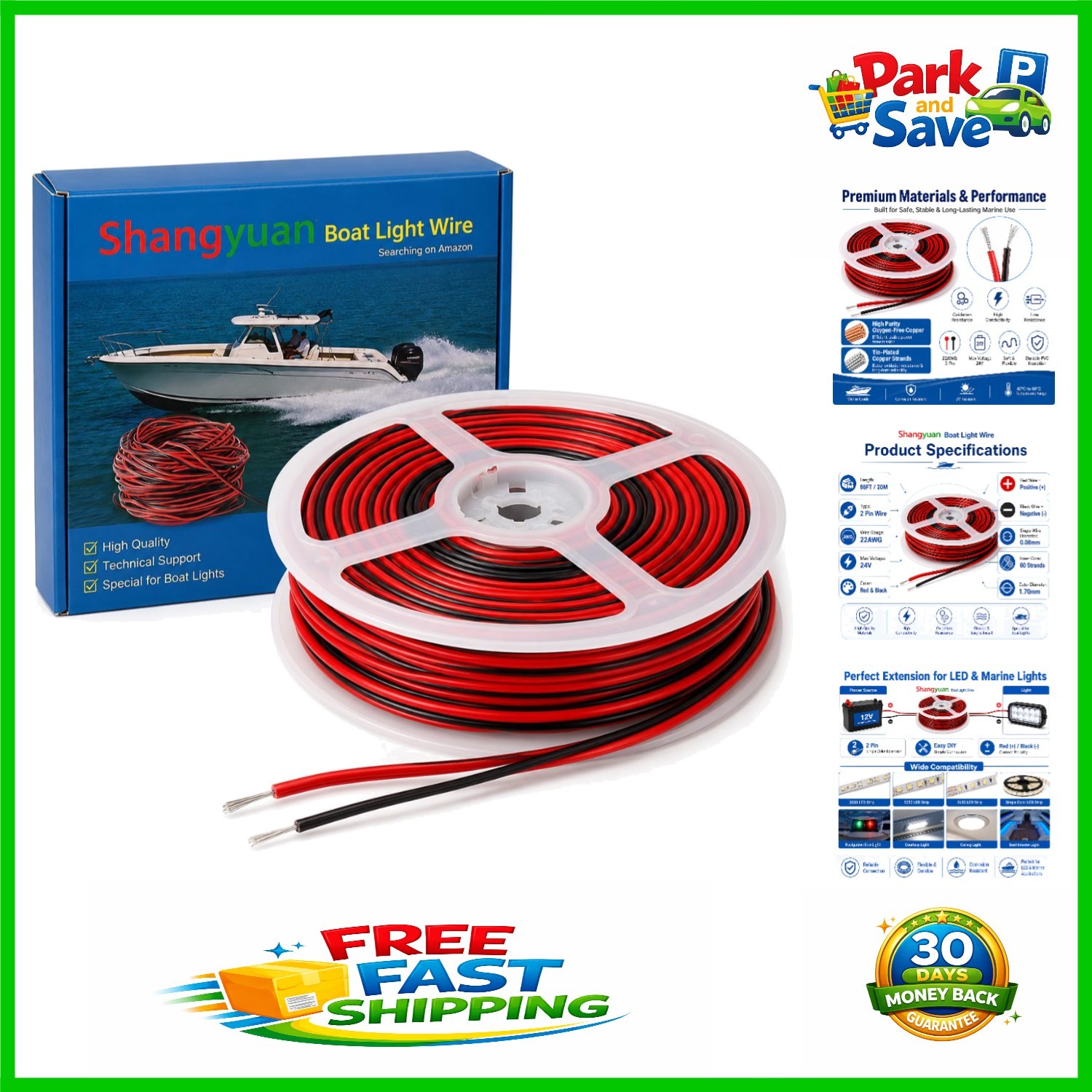 High-Purity Copper 66ft Marine LED Extension Wiring for Pontoon Boats & Yachts