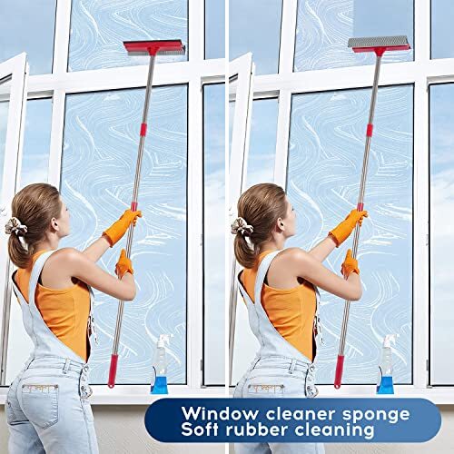 Window Squeegee and Microfiber Scrubber Set with Telescopic Extension Pole