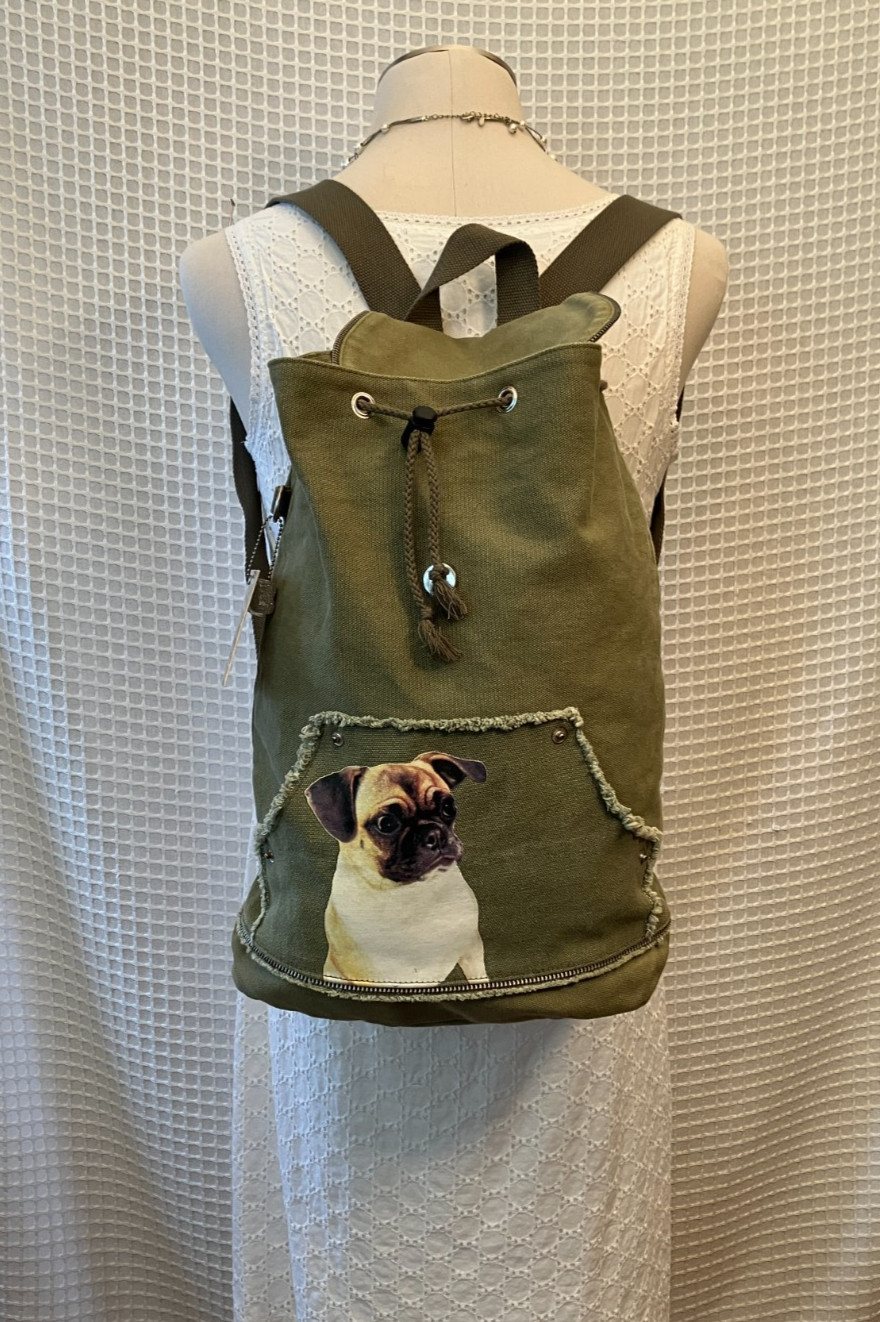 FUZZYNATION Backpack, Pug, Army Green Canvas with Tag, Pre-Owned