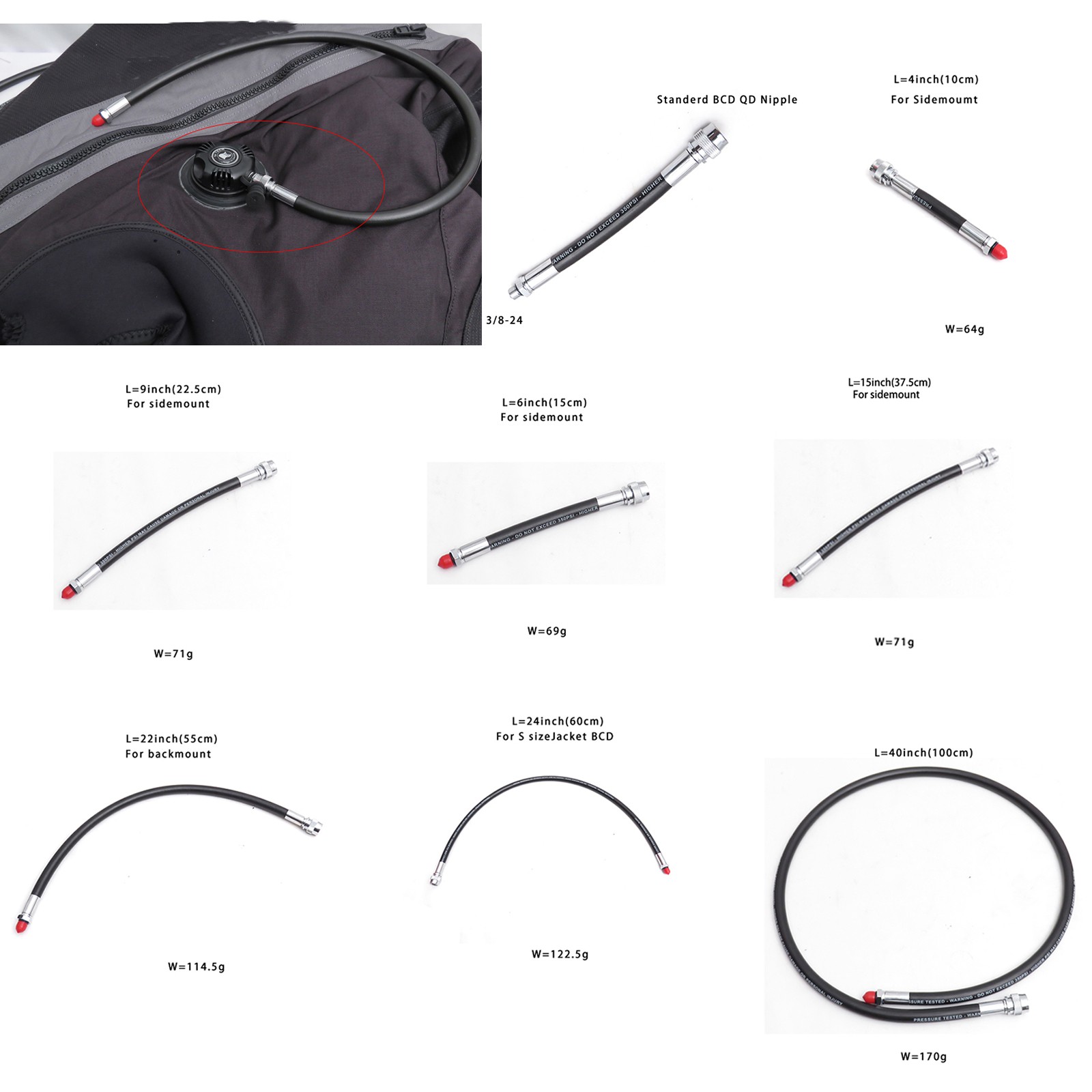4''-40'' Diving 350PSI Low Pressure Hose For BCD Sidemount Backmount Drysuit
