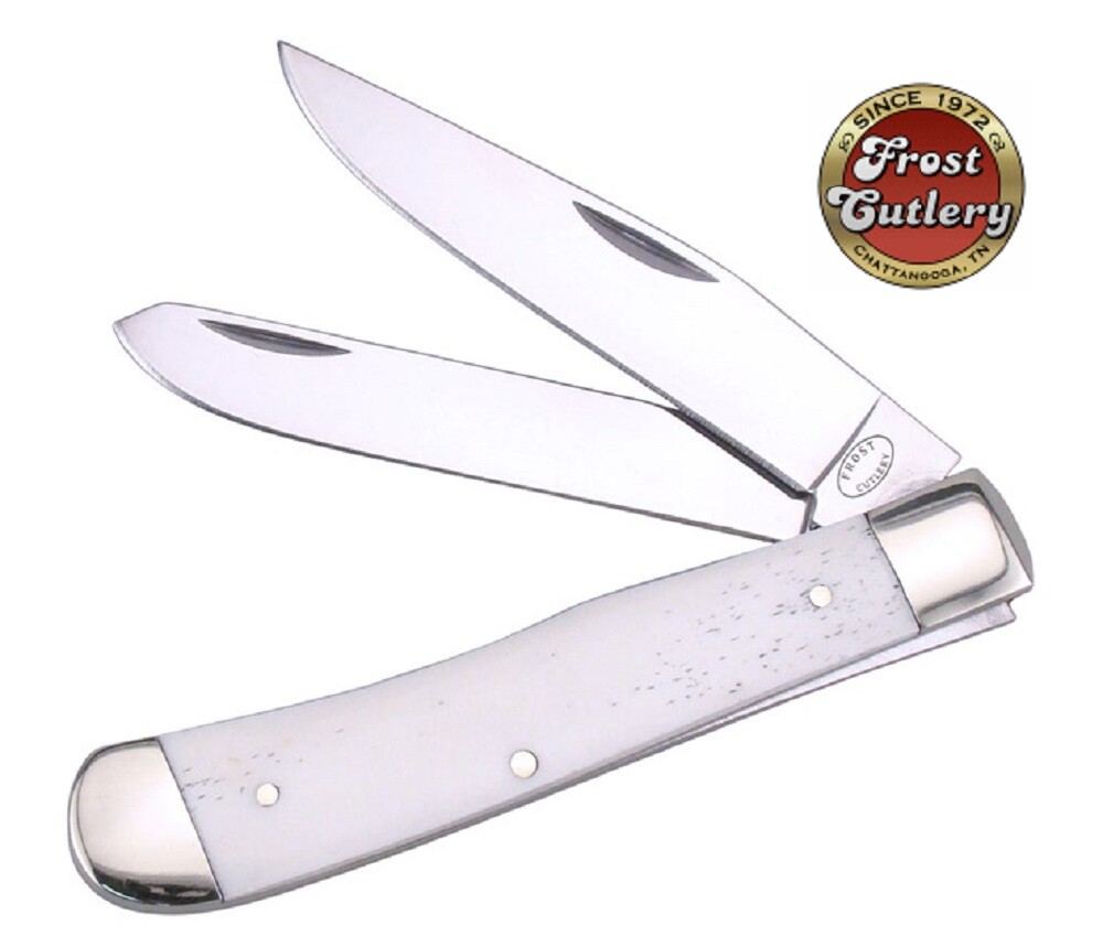 Frost Cutlery Large Smooth White Bone Handle Trapper Pocket Knife - NEW