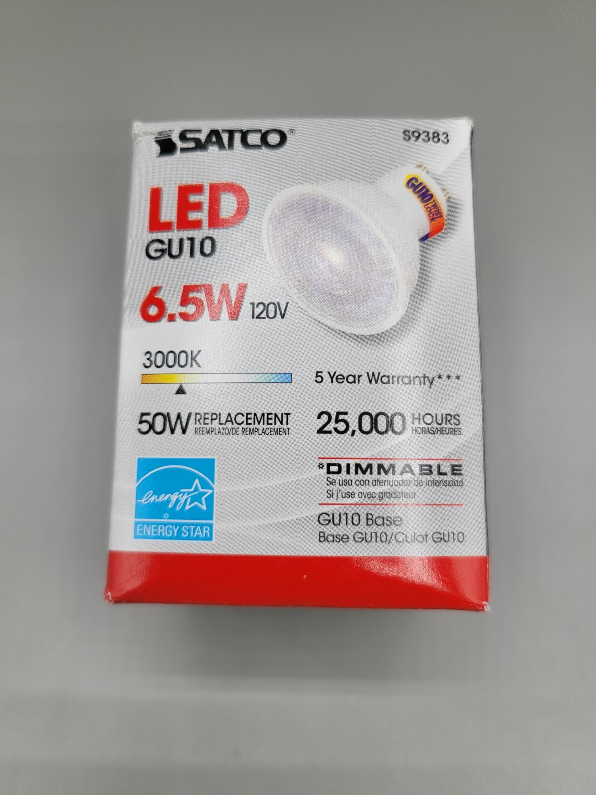 Satco S9383 6.5W = 50W MR16 LED 40° Flood 3000K 120V GU10 Twist & Lock Reflector