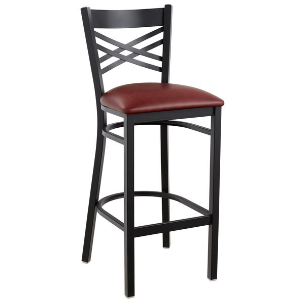 Black Cross Back Metal Restaurant Bar Stool With Burgundy Vinyl Seat