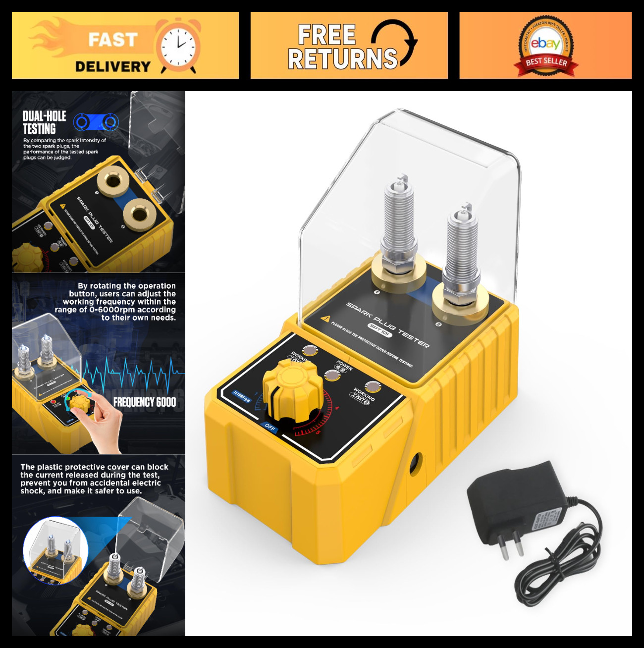 Dual Hole Spark Plug Tester 12V Coil Tester 0-6000 RPM with Protective Cover