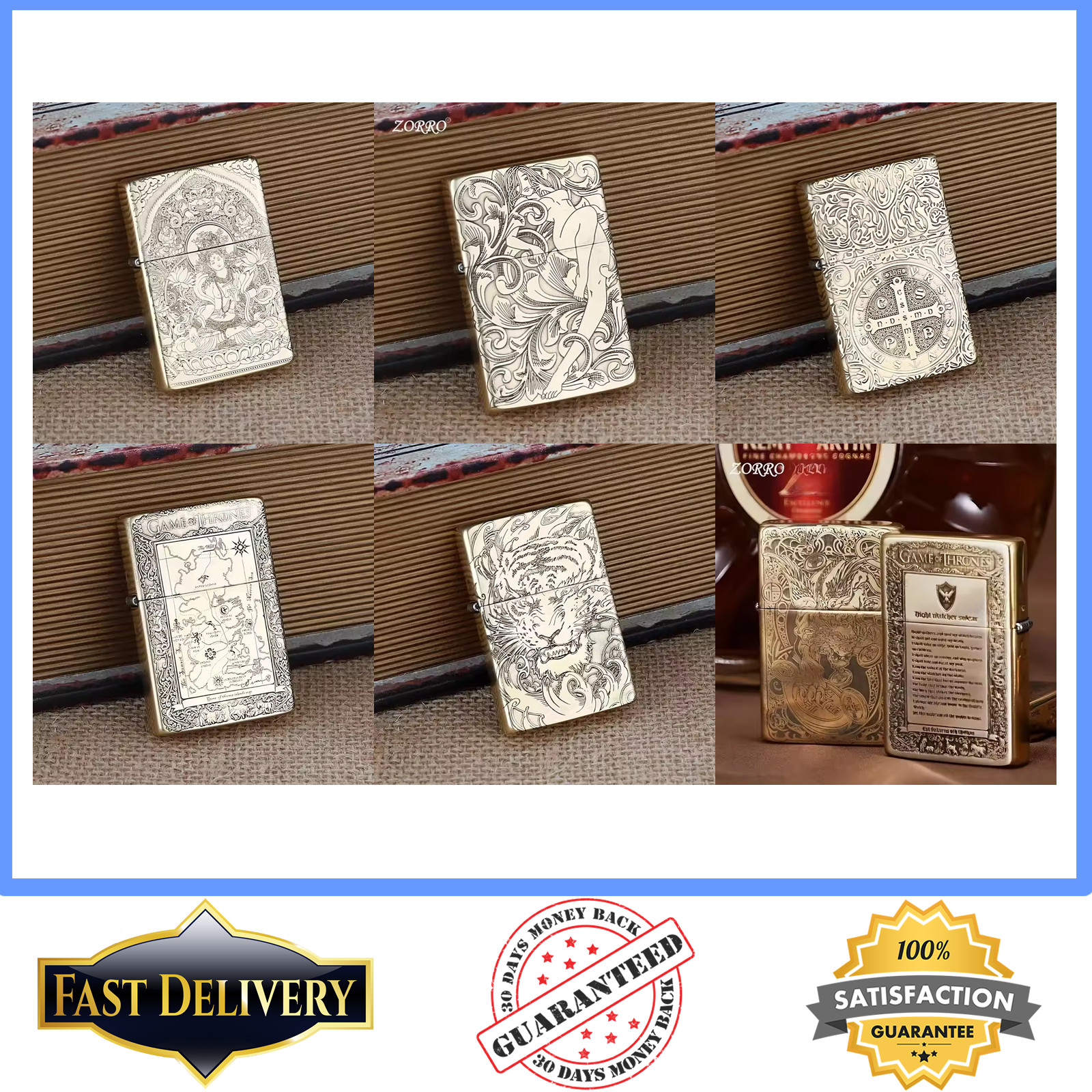Brass Thin Double Sided Carved Windproof Kerosene Pocket Lighter Vintage Look
