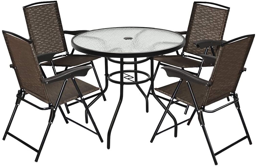 5PCS Bistro Patio Furniture Set 4 Folding Adjustable Chairs Glass Table W/Hole