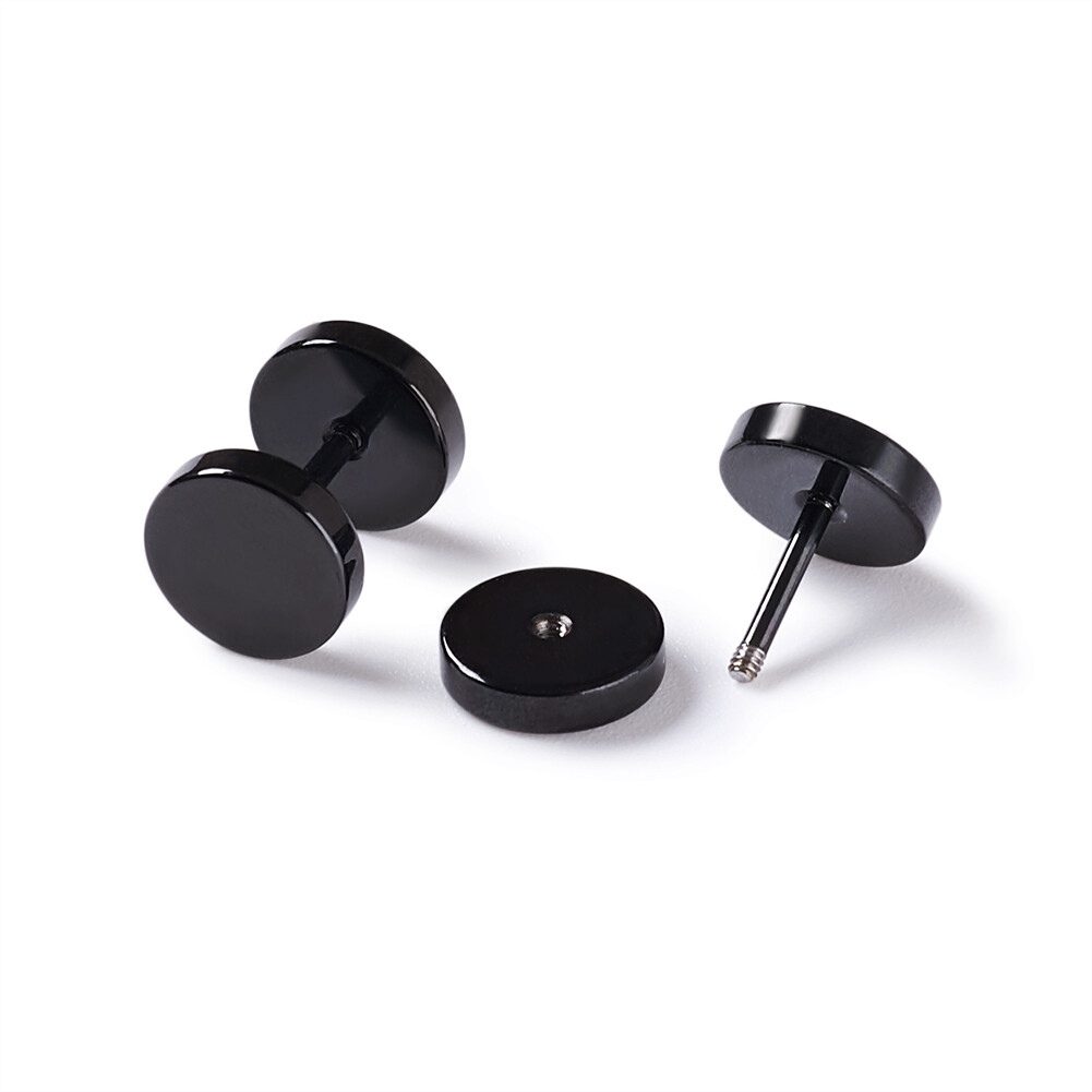 2PC 304 Stainless Steel Flat Round Ear Fake Plugs Gauges Gunmetal 11x8mm Pin 1mm