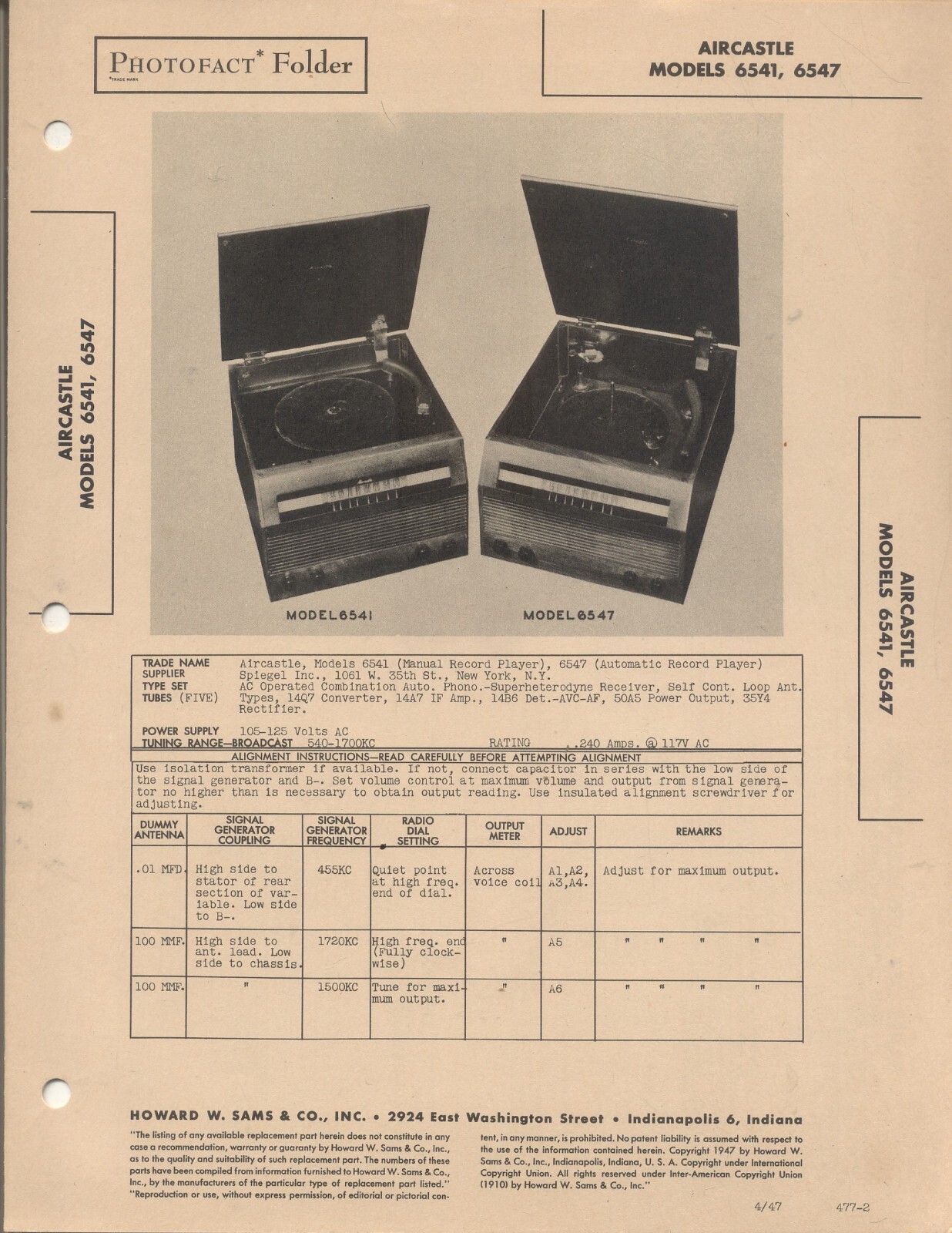 AIRCASTLE Models 6541 and 6547 Sams Photofact 1947, 4 pages, New Old Stock