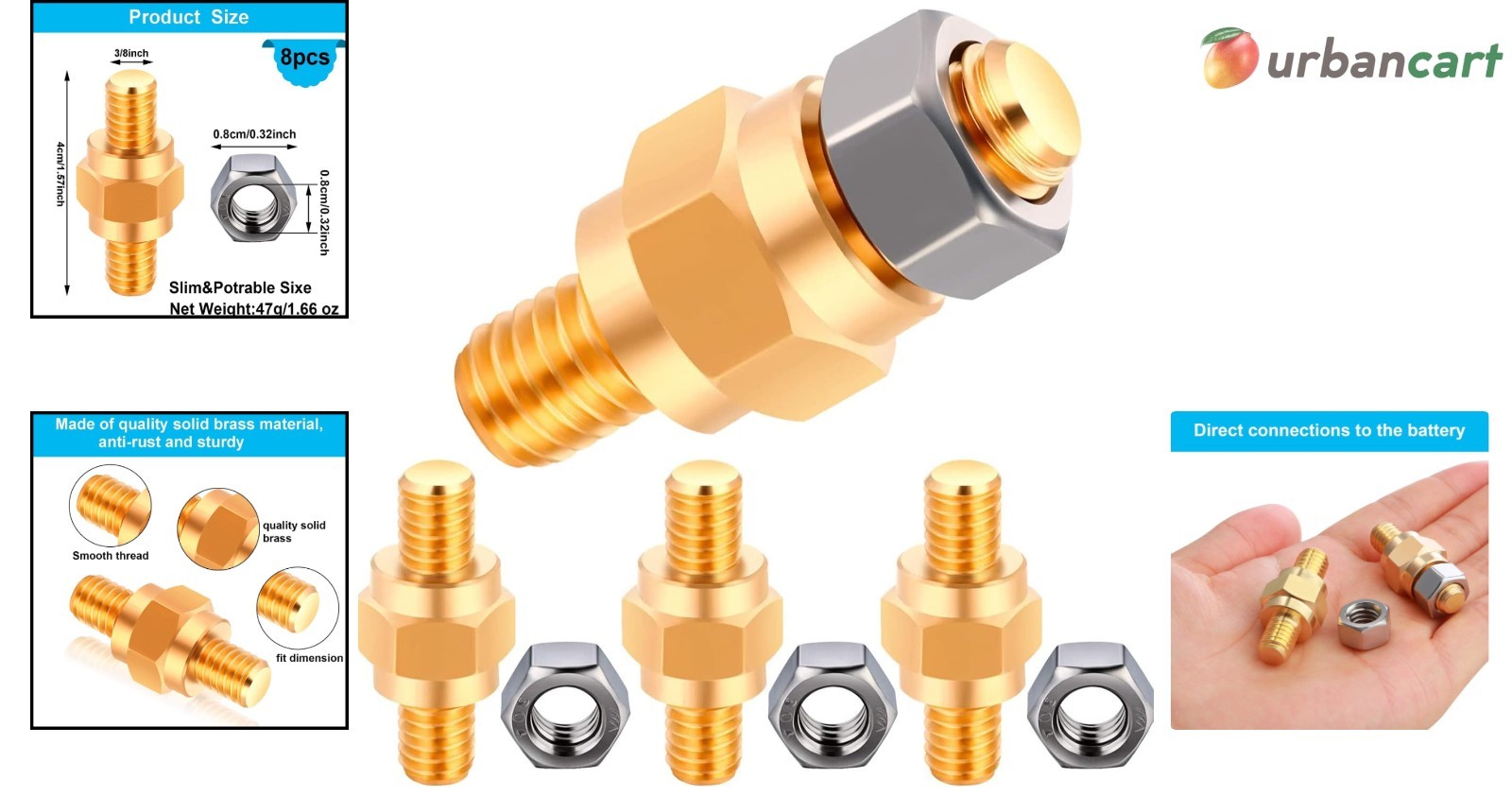 8-Piece Brass Battery Terminal Adapter Kit with Stud Bolts & Nuts