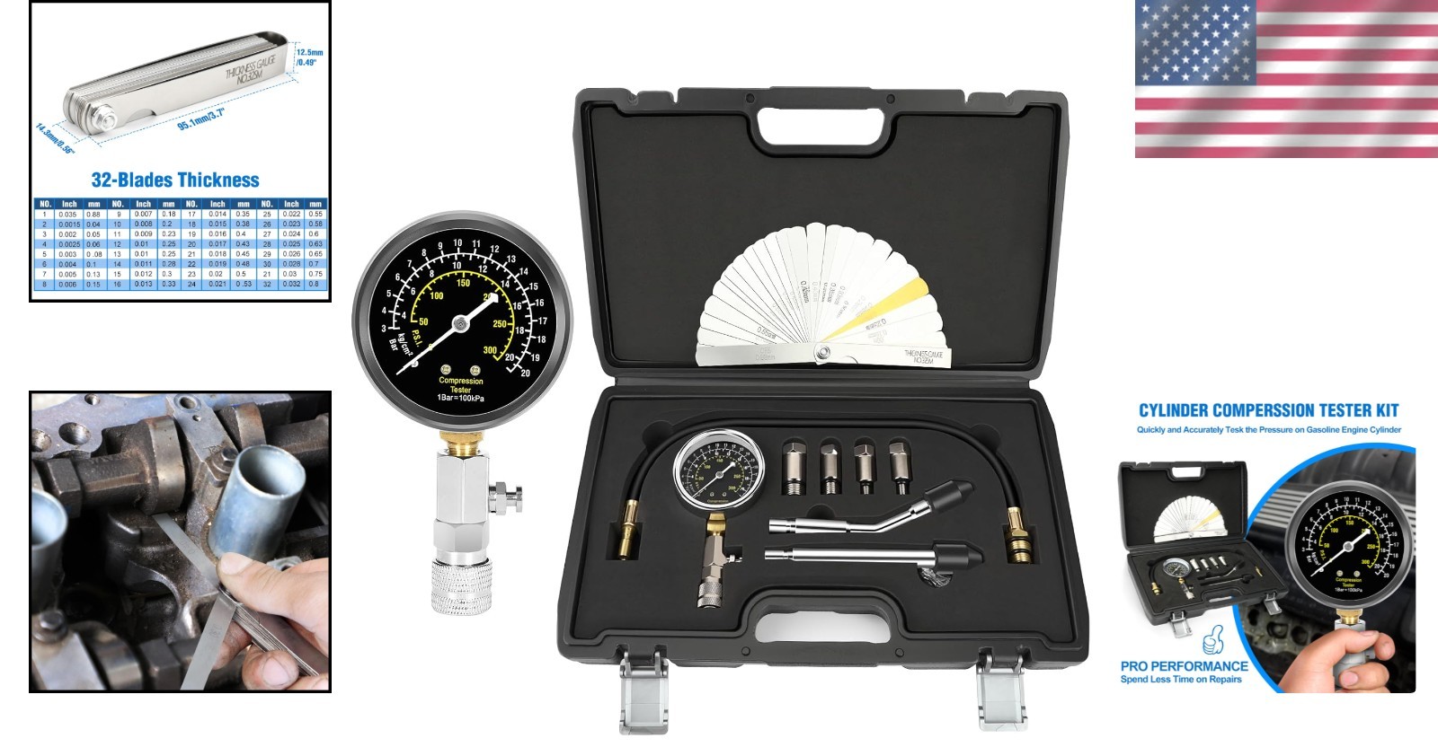 Triple Range Petrol Engine Compression Tester Kit - 9pcs with 4 Connect Adapters