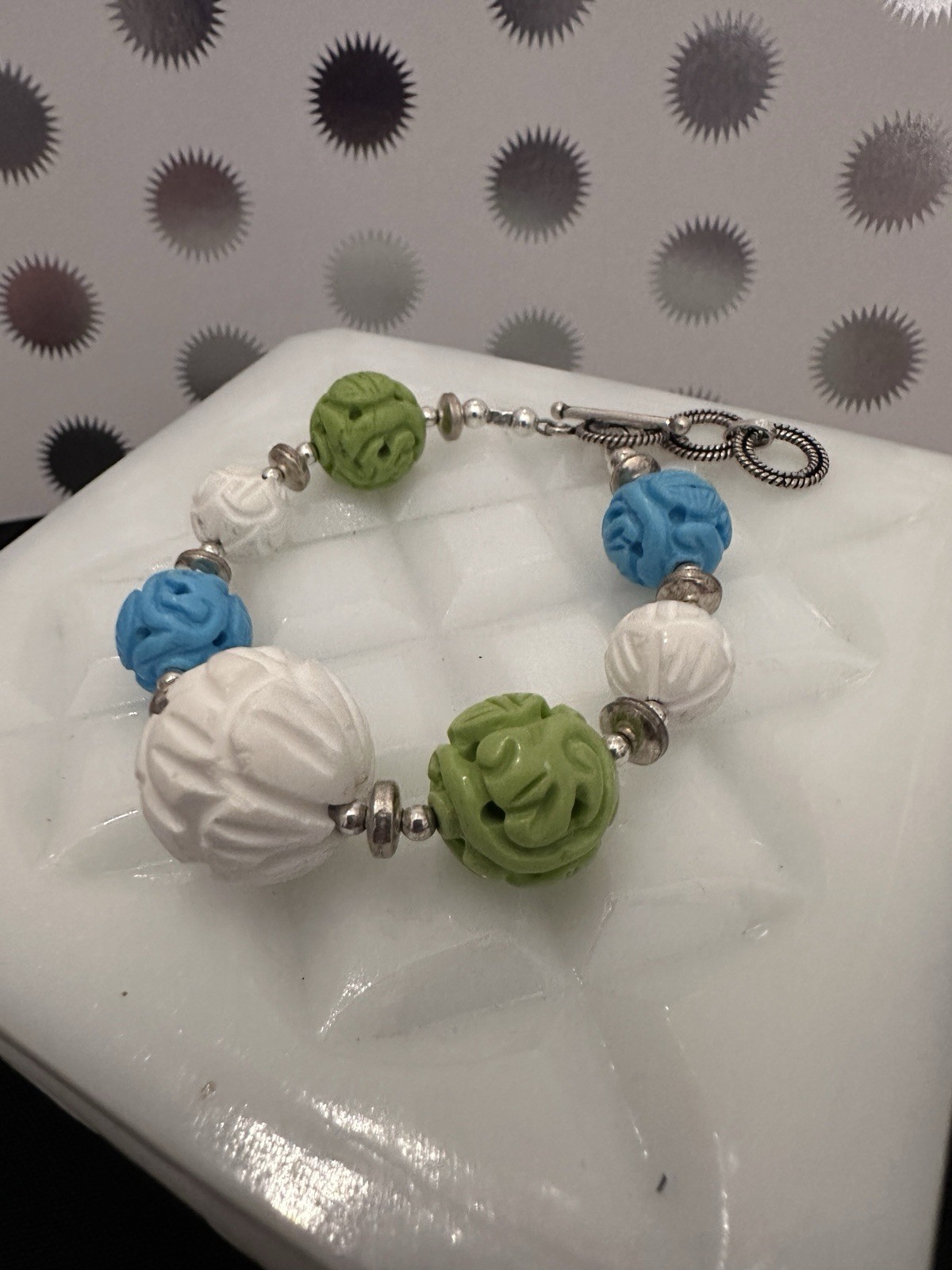 Multi Color Carved Bead Bracelet