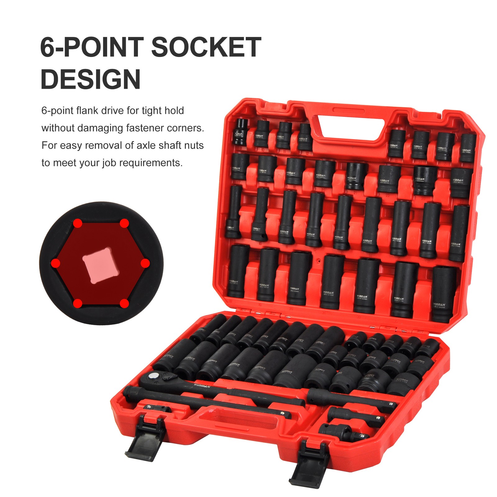 1/2in Drive Impact Socket Set SAE Metric 6 Point Shallow & Deep Socket Set 66PC