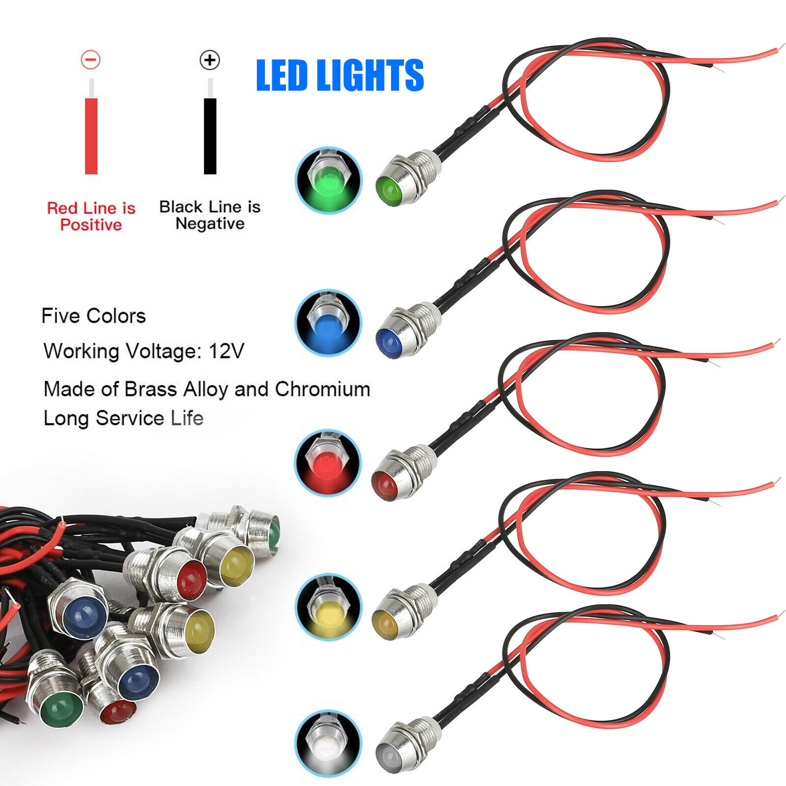 10PCS Car Boat LED Indicator Light 12V 8mm Pilot Dash Panel Warning Single Lamp
