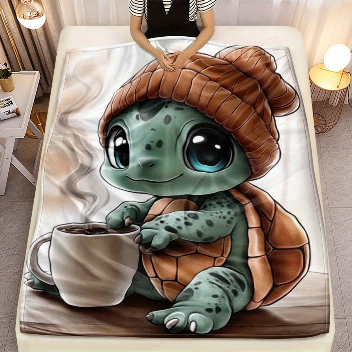 1pc Cute Turtle with a cup Blanket-Lightweight Flannel Home Furnishings Bedding