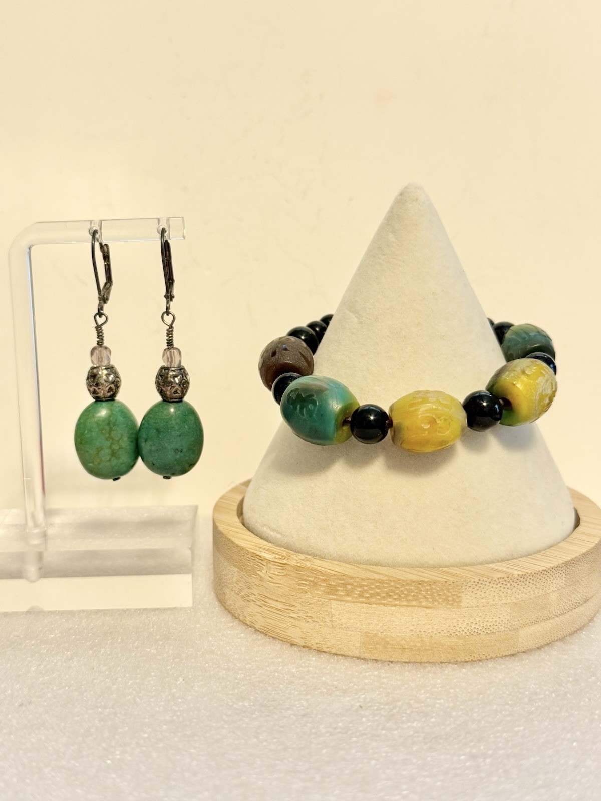 GEMSTONE Beaded Drawstring Adjustable Bracelet & Mated 2” Dangle Earrings