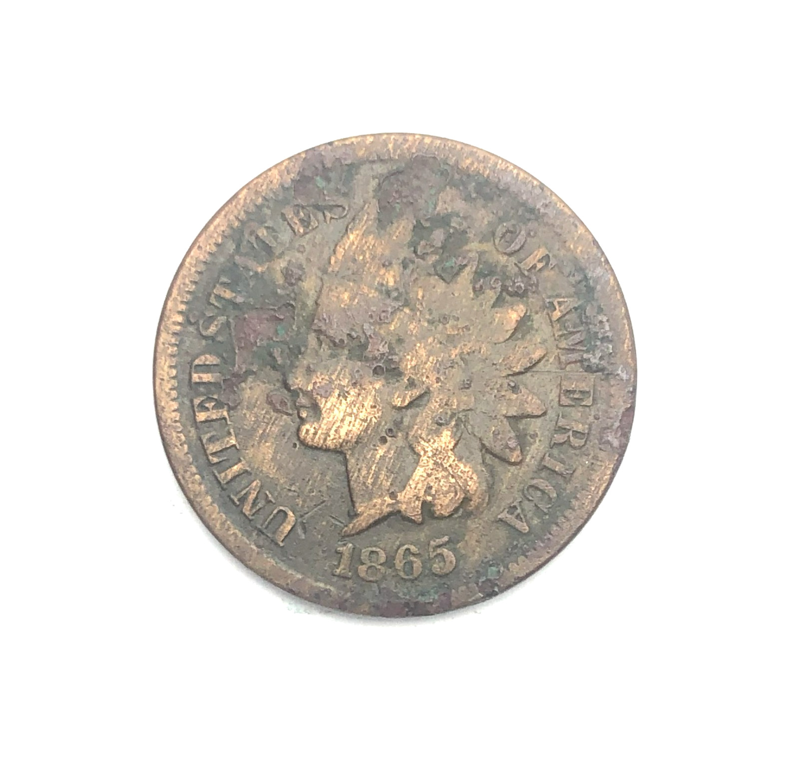 1865  INDIAN HEAD CENT    -  corrosion