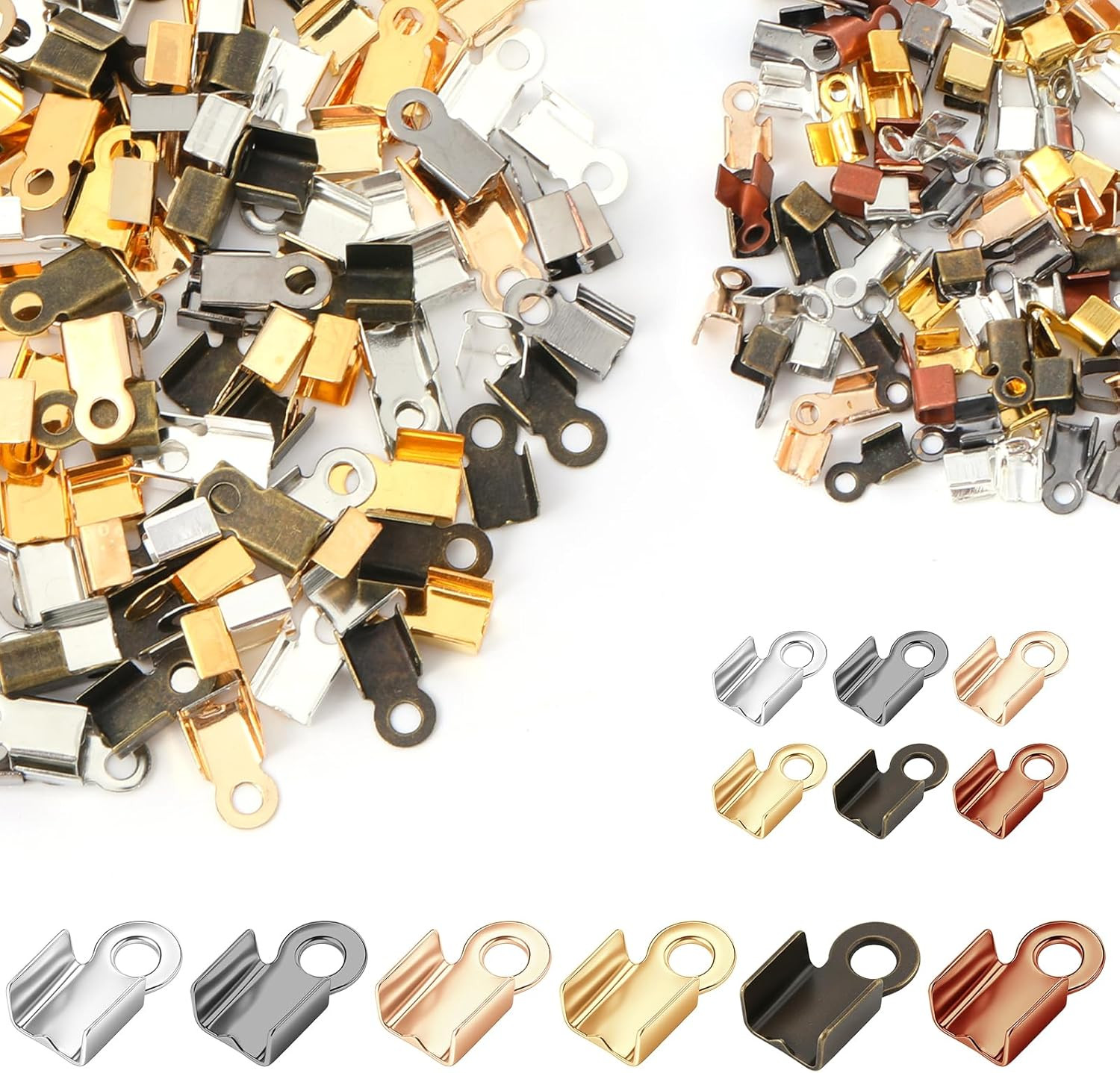 400Pcs Fold Over Cord Ends 6 Colors Crimp Tips Jewelry Making Leather Ribbon DIY